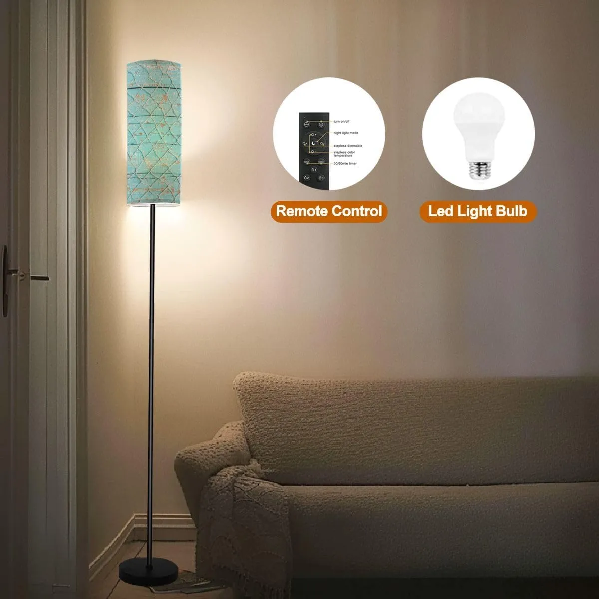Modern Standing Lamps Fishing net Texture Light Blue Wood Maritime Minimalist Floor Lamp Metal Pole Lamp with Linen Lampshade for Bedroom Living Room Office Reading