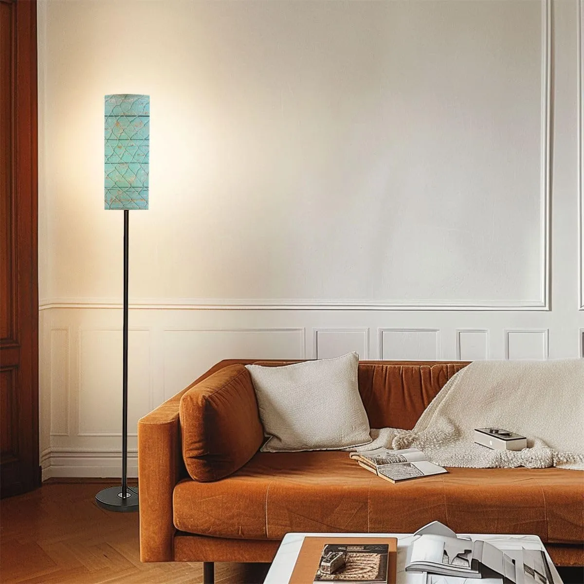 Modern Standing Lamps Fishing net Texture Light Blue Wood Maritime Minimalist Floor Lamp Metal Pole Lamp with Linen Lampshade for Bedroom Living Room Office Reading