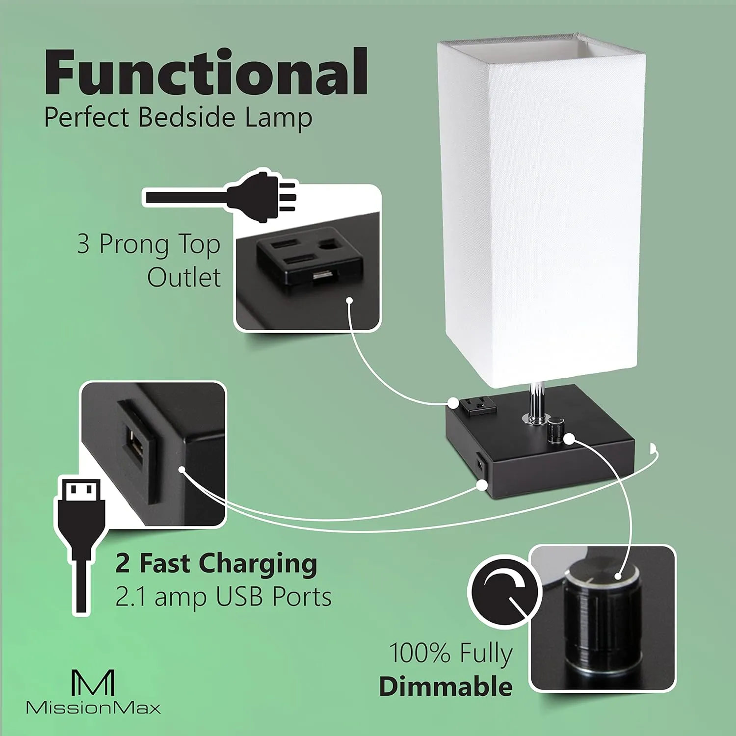 Modern Table Lamp White Small 100% Dimmable with 2 Fast Charge USB Ports & Grounded Outlet. Great Table Lamps for Bedroom, Nightstand, Office, Living Room and More. Perfect Bedside Lamp