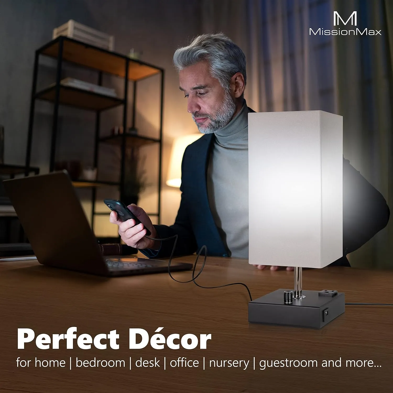 Modern Table Lamp White Small 100% Dimmable with 2 Fast Charge USB Ports & Grounded Outlet. Great Table Lamps for Bedroom, Nightstand, Office, Living Room and More. Perfect Bedside Lamp