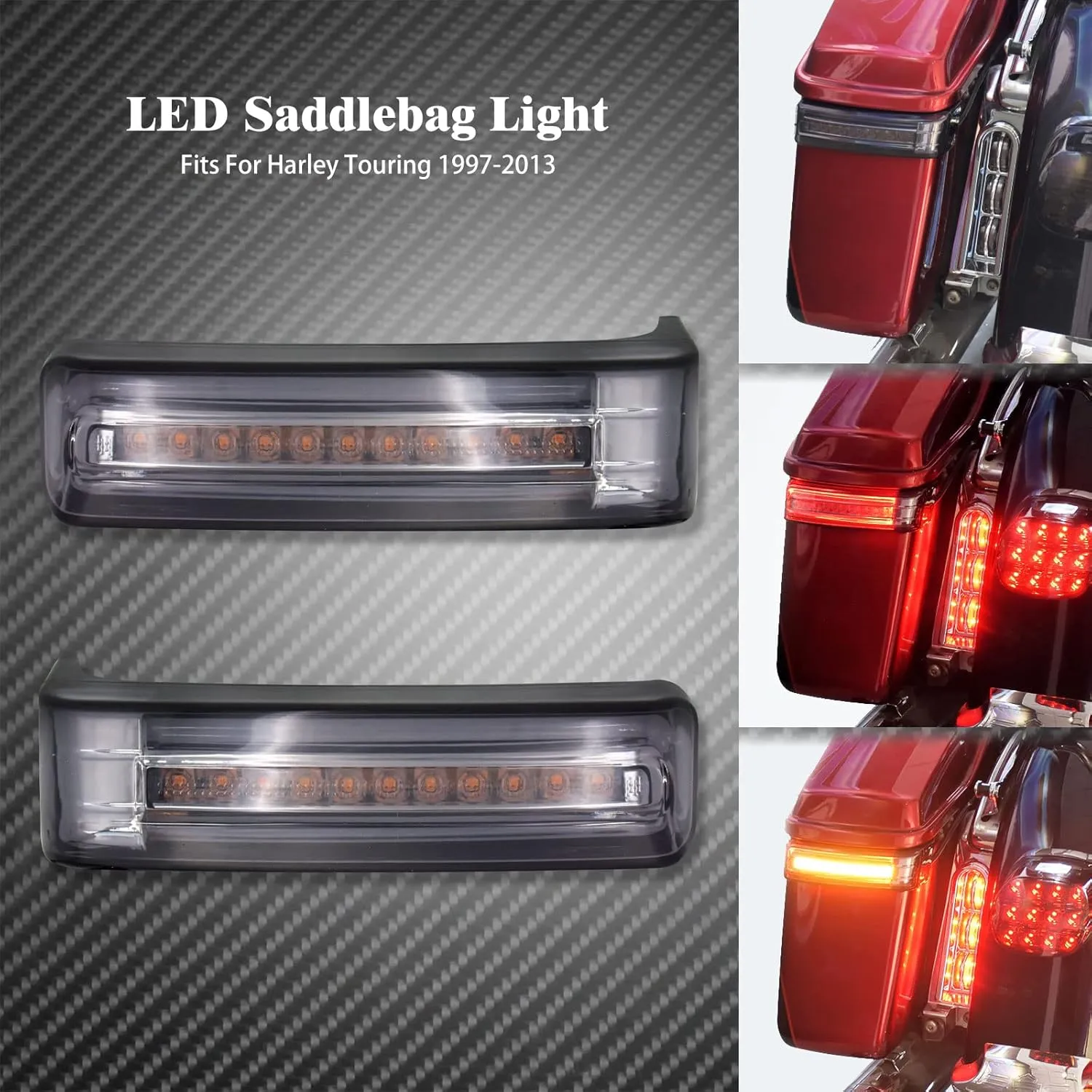 Motorcycle LED Saddlebag Light Tail Running Brake Turn Signal Lamp Fit for Harley Touring Street Electra Glide Road Glide King Ultra Limited CVO 1997-2013 (Black Housing Grey Lens)