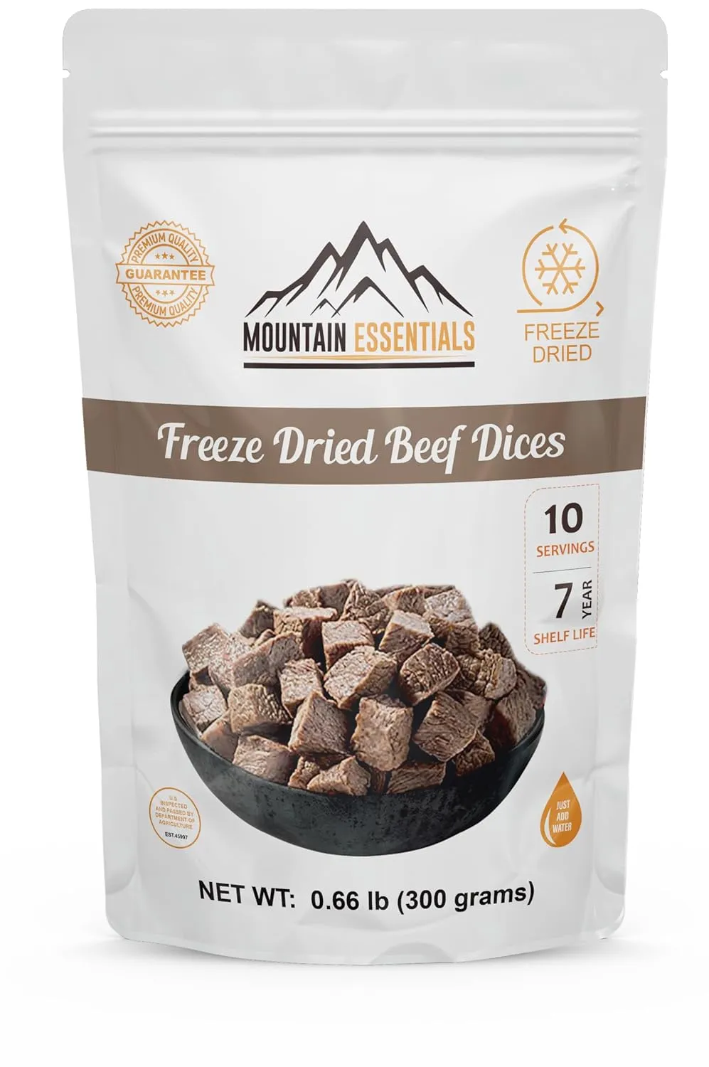 Mountain Essentials Freeze Dried Fully Cooked Beef Dices Pre-Cooked Meat 240 Grams High Protein Intake Ready to Eat Meal Prep Emergency Survival Food for Hunting, Camping, Backpacking Food 10 Serving per Pouch
