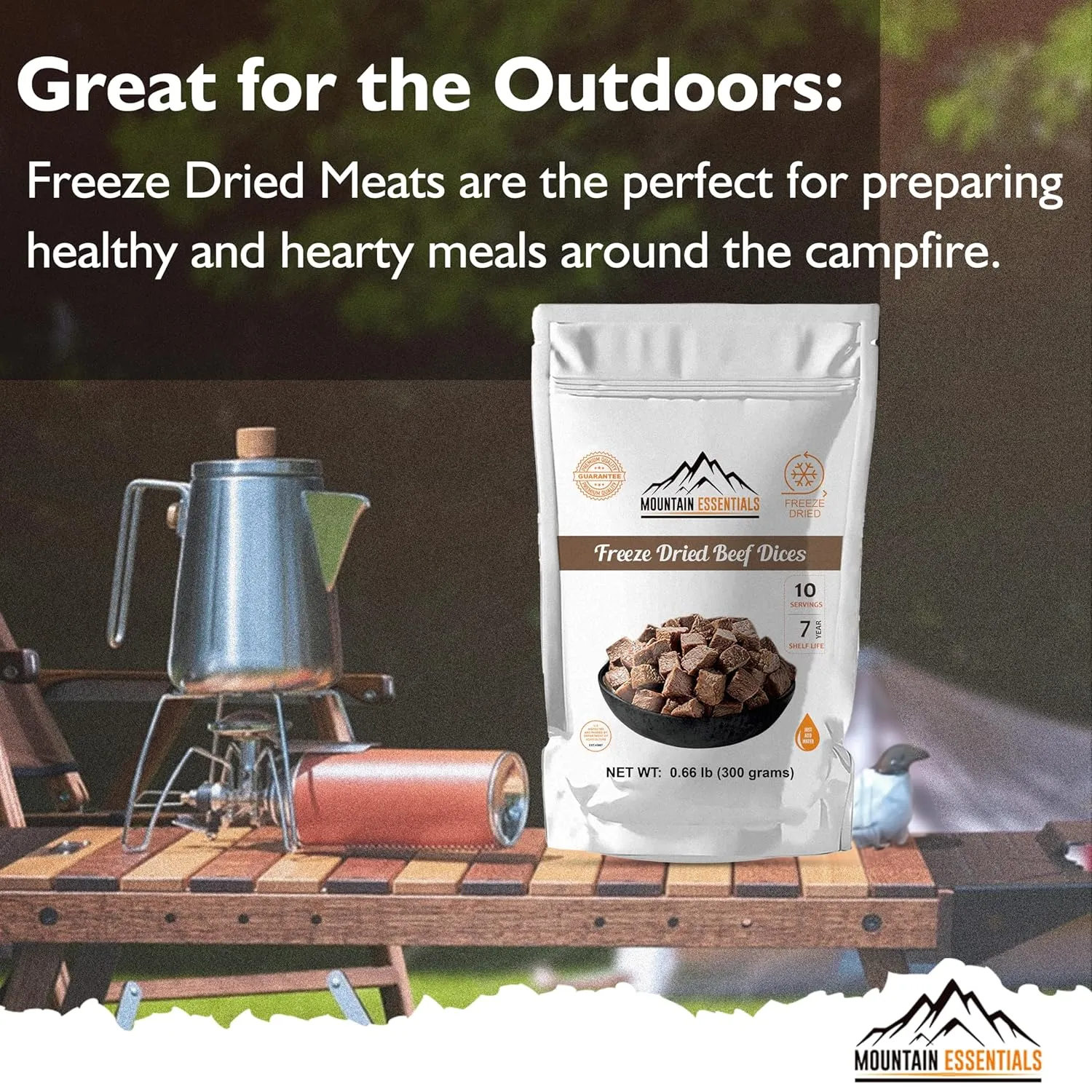 Mountain Essentials Freeze Dried Fully Cooked Beef Dices Pre-Cooked Meat 240 Grams High Protein Intake Ready to Eat Meal Prep Emergency Survival Food for Hunting, Camping, Backpacking Food 10 Serving per Pouch