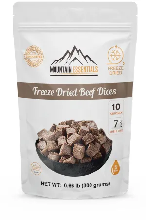 Mountain Essentials Freeze Dried Fully Cooked Beef Dices Pre-Cooked Meat 240 Grams High Protein Intake Ready to Eat Meal Prep Emergency Survival Food for Hunting, Camping, Backpacking Food 10 Serving per Pouch