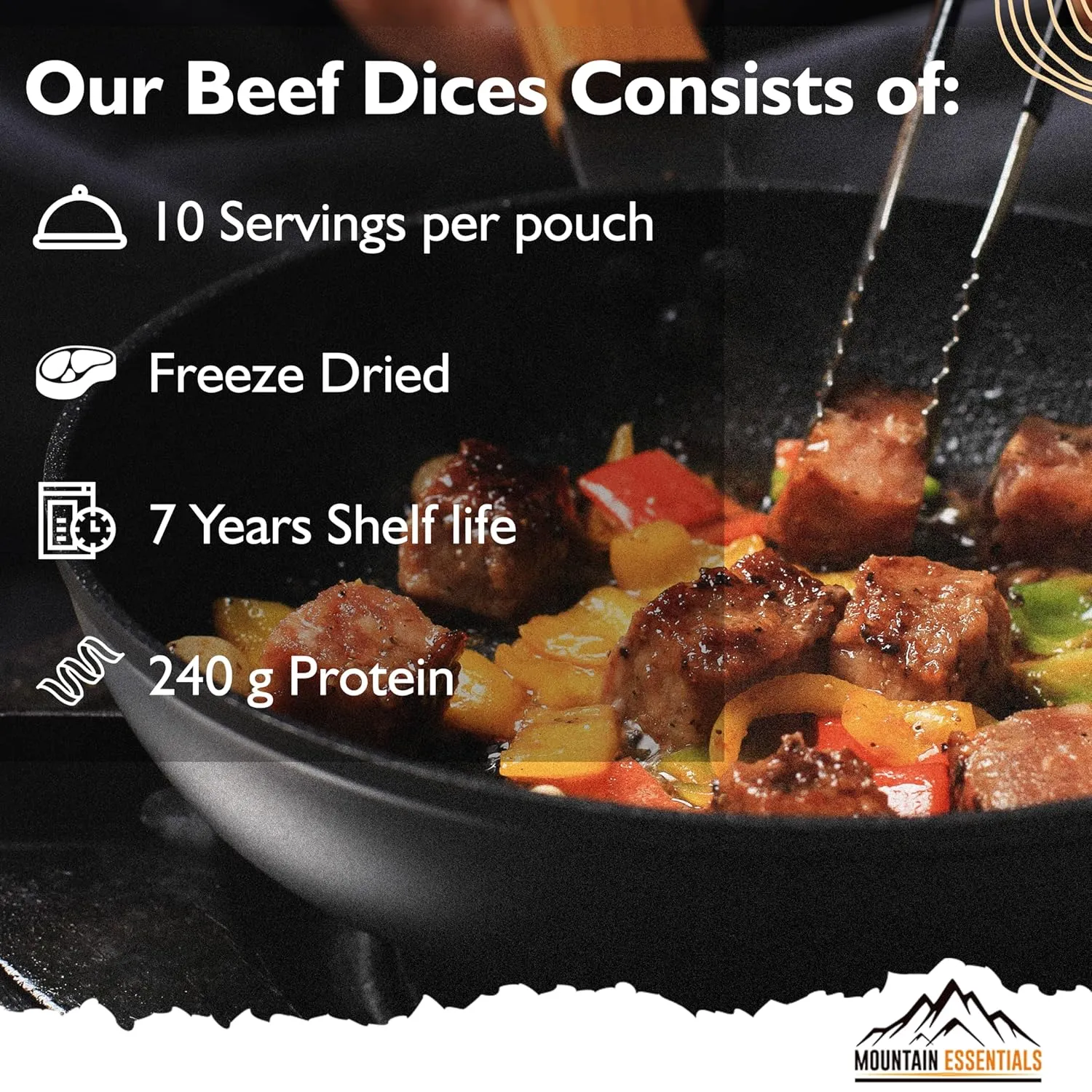 Mountain Essentials Freeze Dried Fully Cooked Beef Dices Pre-Cooked Meat 240 Grams High Protein Intake Ready to Eat Meal Prep Emergency Survival Food for Hunting, Camping, Backpacking Food 10 Serving per Pouch