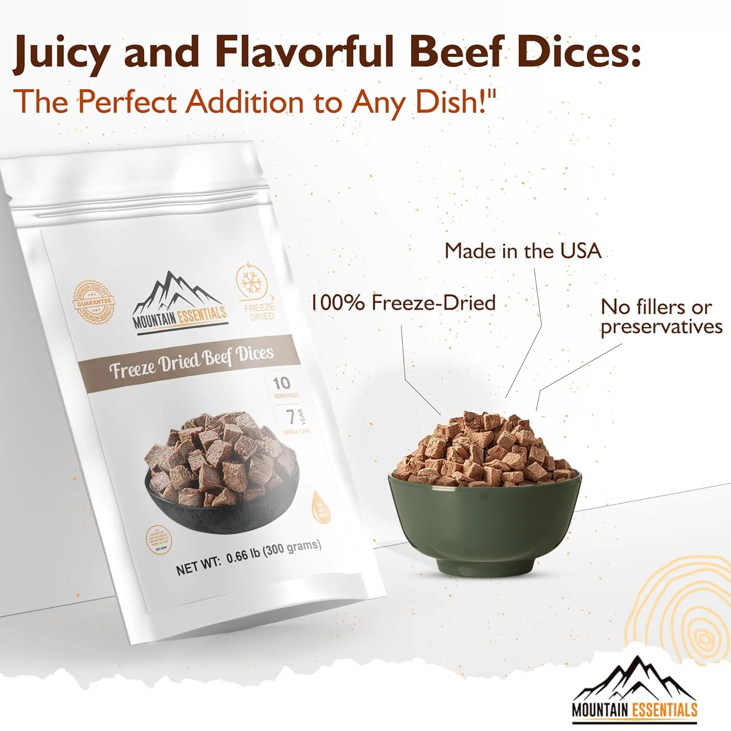 Mountain Essentials Freeze Dried Fully Cooked Beef Dices Pre-Cooked Meat 240 Grams High Protein Intake Ready to Eat Meal Prep Emergency Survival Food for Hunting, Camping, Backpacking Food 10 Serving per Pouch