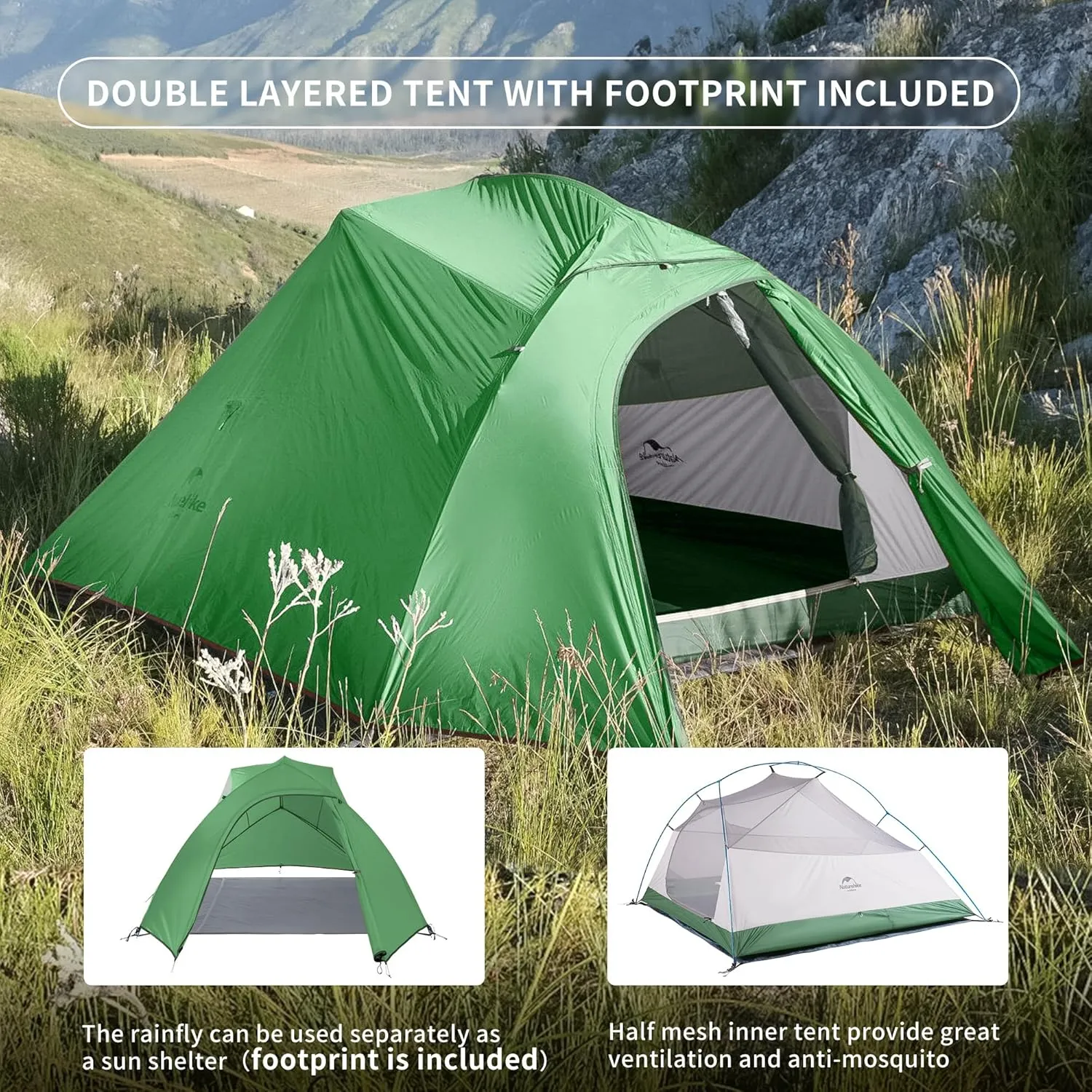 Naturehike Cloud-Up 3 Person Lightweight Backpacking Tent with Footprint - 3 Season Free Standing Dome Camping Hiking Waterproof Backpack Tents