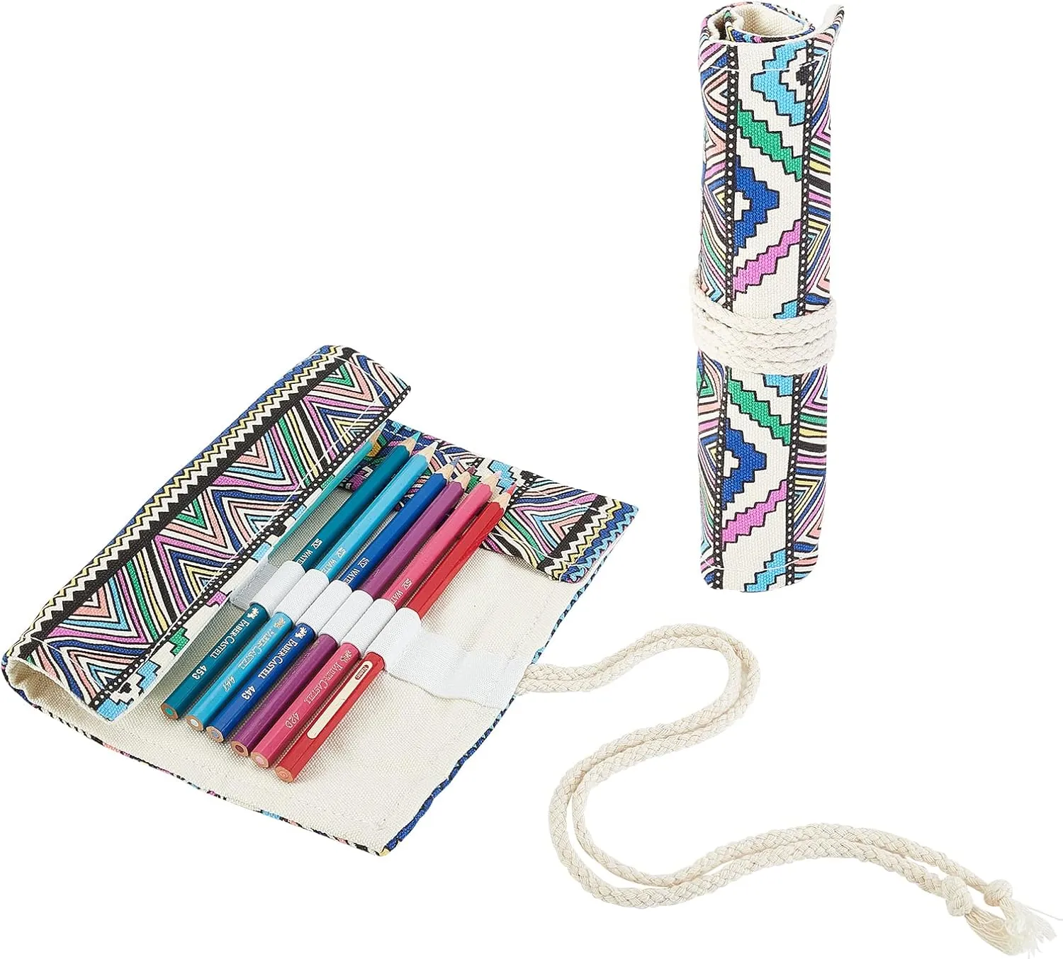 NBEADS 2 Pcs Paint Brush Roll Up Bag, 2 Styles 12 Slots/20 Slots Boho Canvas Pencil Roll Wrap Pouch Makeup Brushes Case Watercolor Brush Holder Organizer Foldable, Geometric Pattern