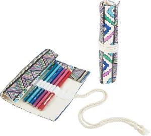 NBEADS 2 Pcs Paint Brush Roll Up Bag, 2 Styles 12 Slots/20 Slots Boho Canvas Pencil Roll Wrap Pouch Makeup Brushes Case Watercolor Brush Holder Organizer Foldable, Geometric Pattern