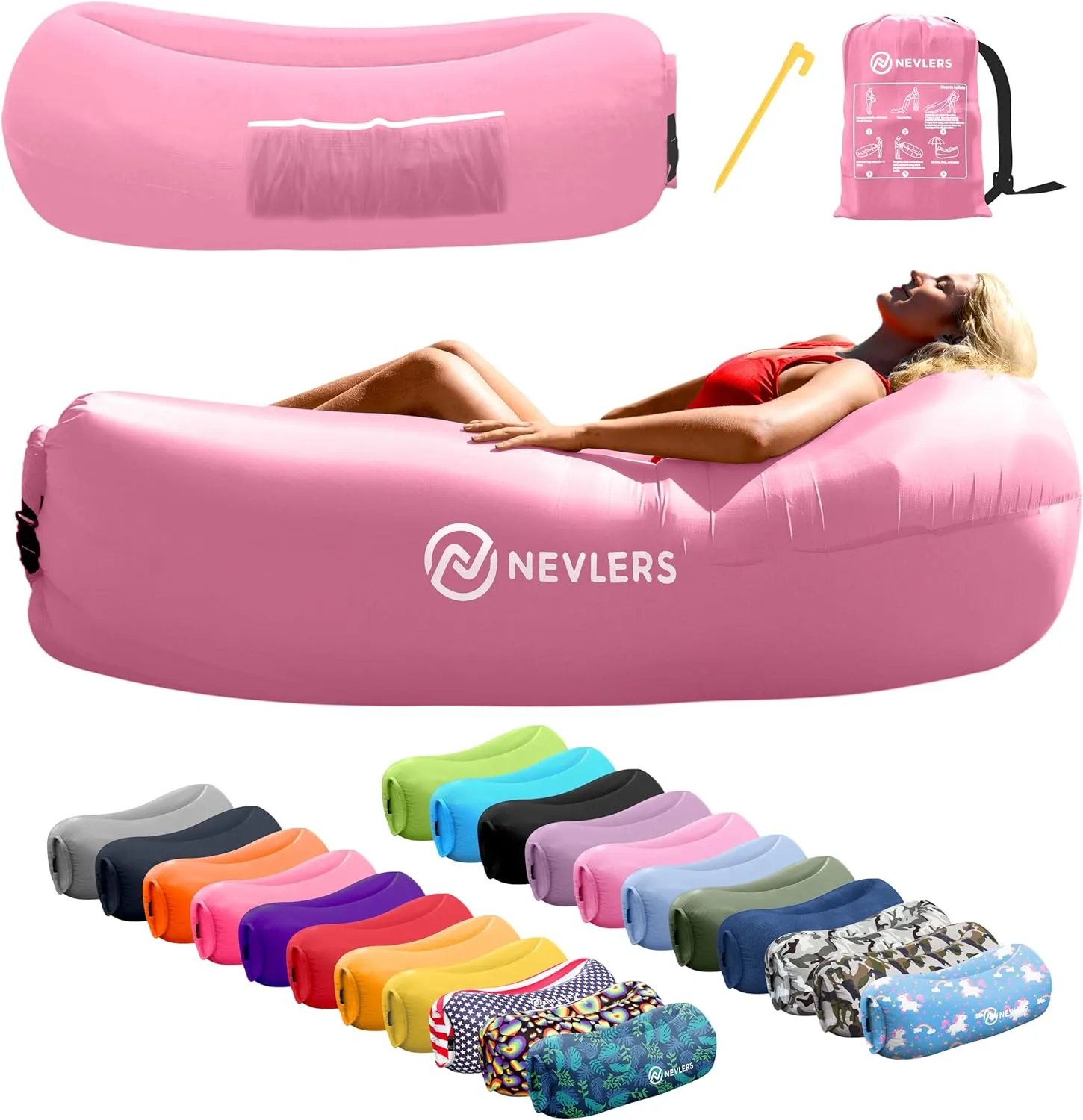 Nevlers Bubblegum Pink Inflatable Lounger | No-Pump Air Couch | 210T Polyester Outdoor Couch for Use as Portable Hammock & Beach Chairs | Blow Up Chair w/ 450 lbs. Capacity, Pockets, & Carry Bag