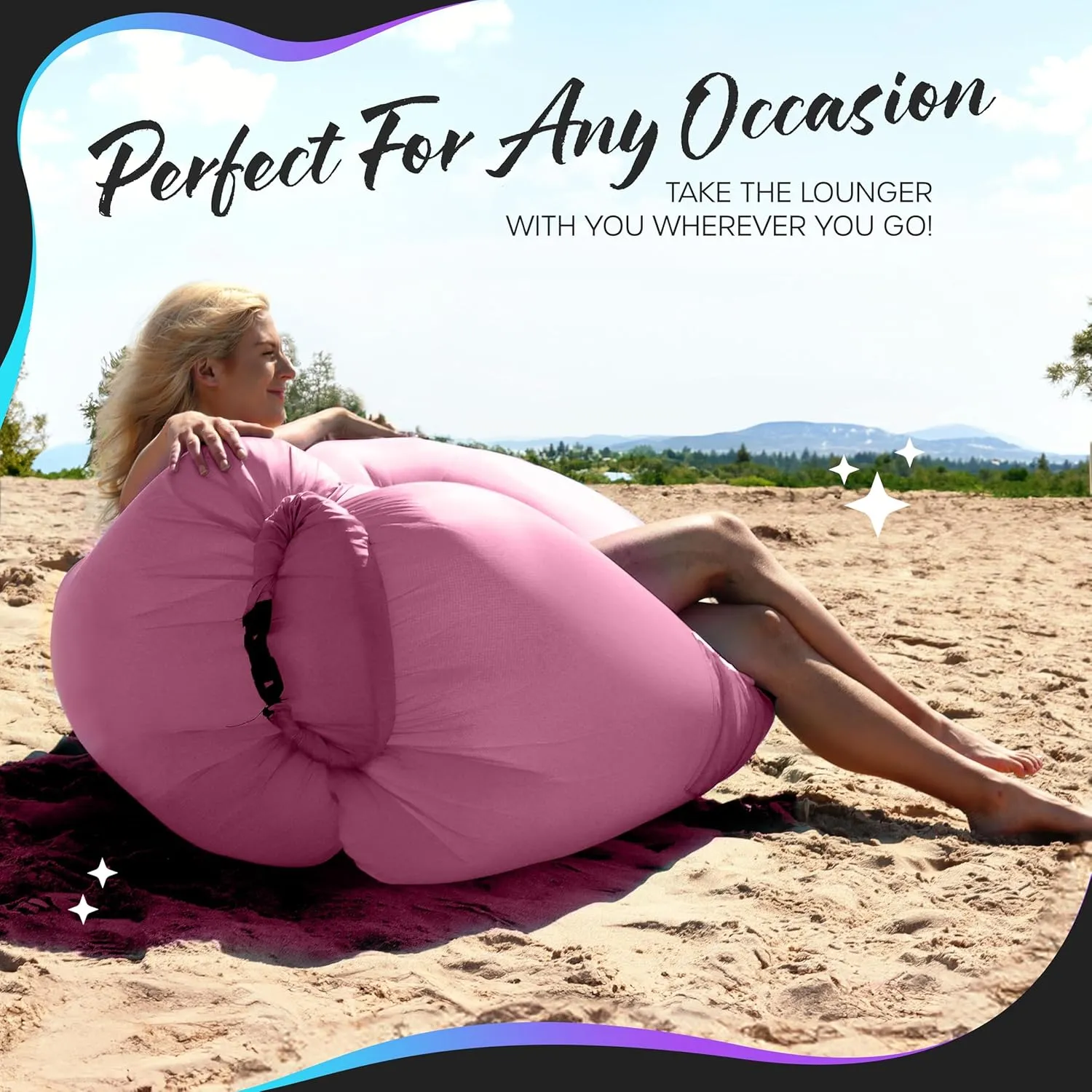 Nevlers Bubblegum Pink Inflatable Lounger | No-Pump Air Couch | 210T Polyester Outdoor Couch for Use as Portable Hammock & Beach Chairs | Blow Up Chair w/ 450 lbs. Capacity, Pockets, & Carry Bag