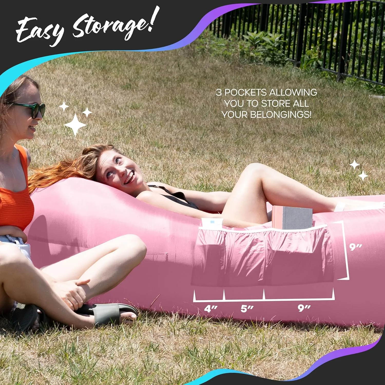 Nevlers Bubblegum Pink Inflatable Lounger | No-Pump Air Couch | 210T Polyester Outdoor Couch for Use as Portable Hammock & Beach Chairs | Blow Up Chair w/ 450 lbs. Capacity, Pockets, & Carry Bag