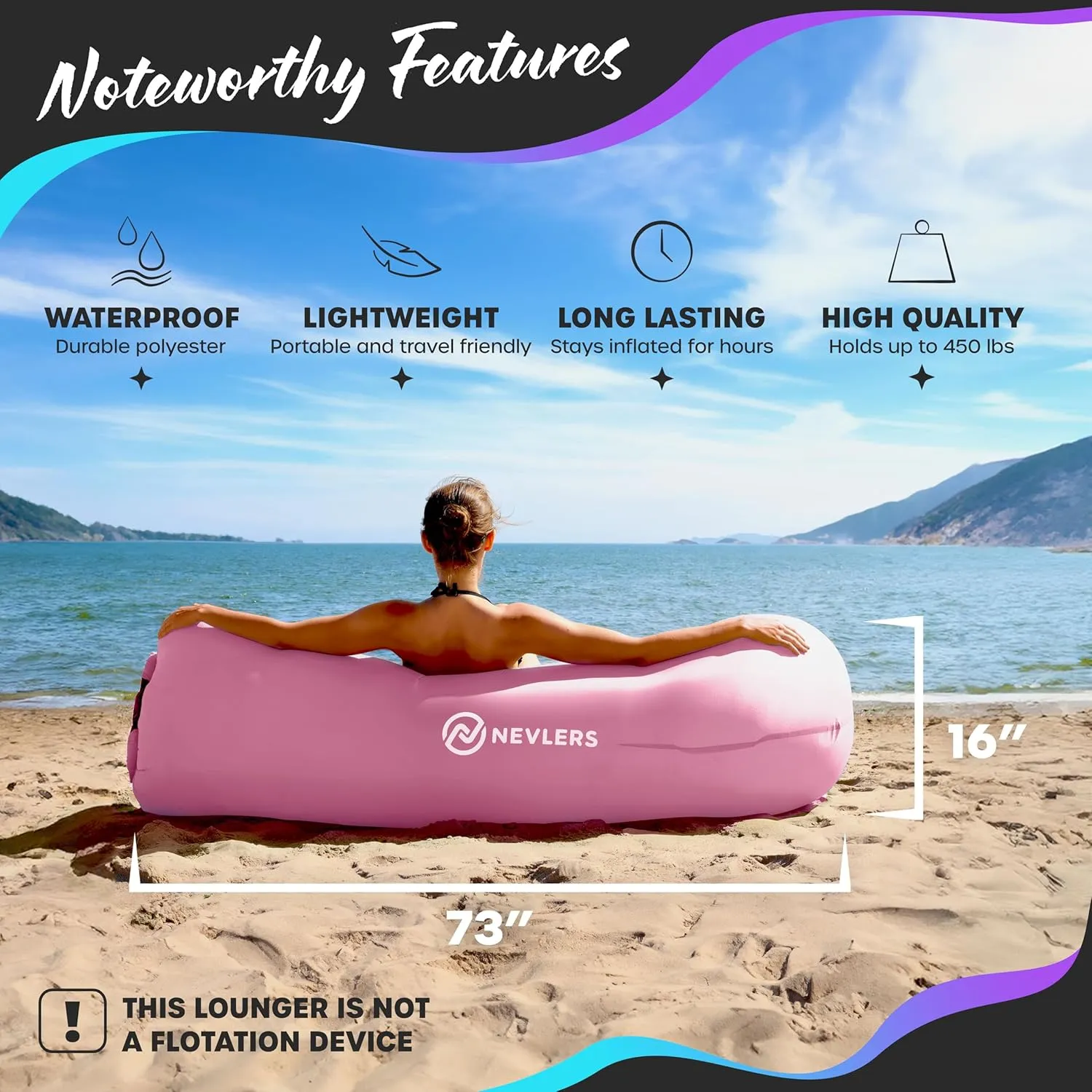 Nevlers Bubblegum Pink Inflatable Lounger | No-Pump Air Couch | 210T Polyester Outdoor Couch for Use as Portable Hammock & Beach Chairs | Blow Up Chair w/ 450 lbs. Capacity, Pockets, & Carry Bag