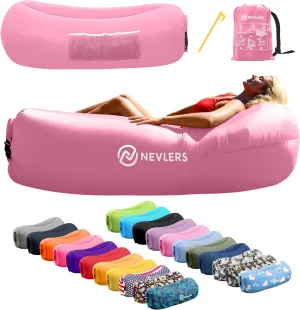 Nevlers Bubblegum Pink Inflatable Lounger | No-Pump Air Couch | 210T Polyester Outdoor Couch for Use as Portable Hammock & Beach Chairs | Blow Up Chair w/ 450 lbs. Capacity, Pockets, & Carry Bag