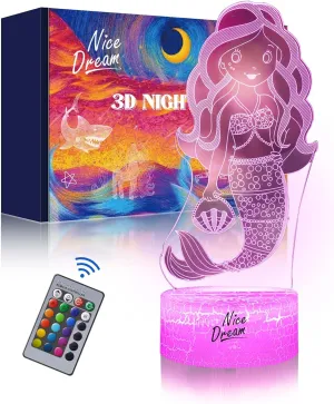 Nice Dream Cute Mermaid Night Light for Kids, 3D Illusion Night Lamp, 16 Colors Changing with Remote Control, Kids Room Decor, Toys Gifts for Children Boys Girls