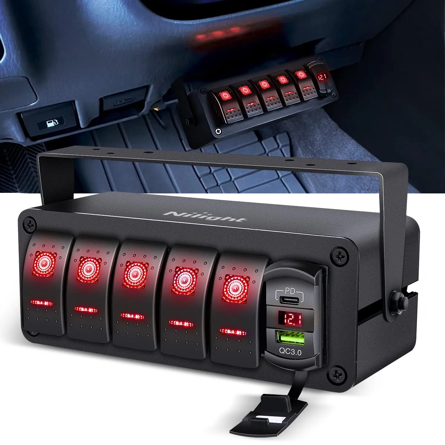 Nilight 5 Gang Rocker Switch Box 12V SPST ON Off Toggle Switches PD Type C and QC 3.0 USB Charger Voltmeter LED Light Waterproof Aluminum Mount Bracket Panel DIY Stickers for Boat Car RV Truck