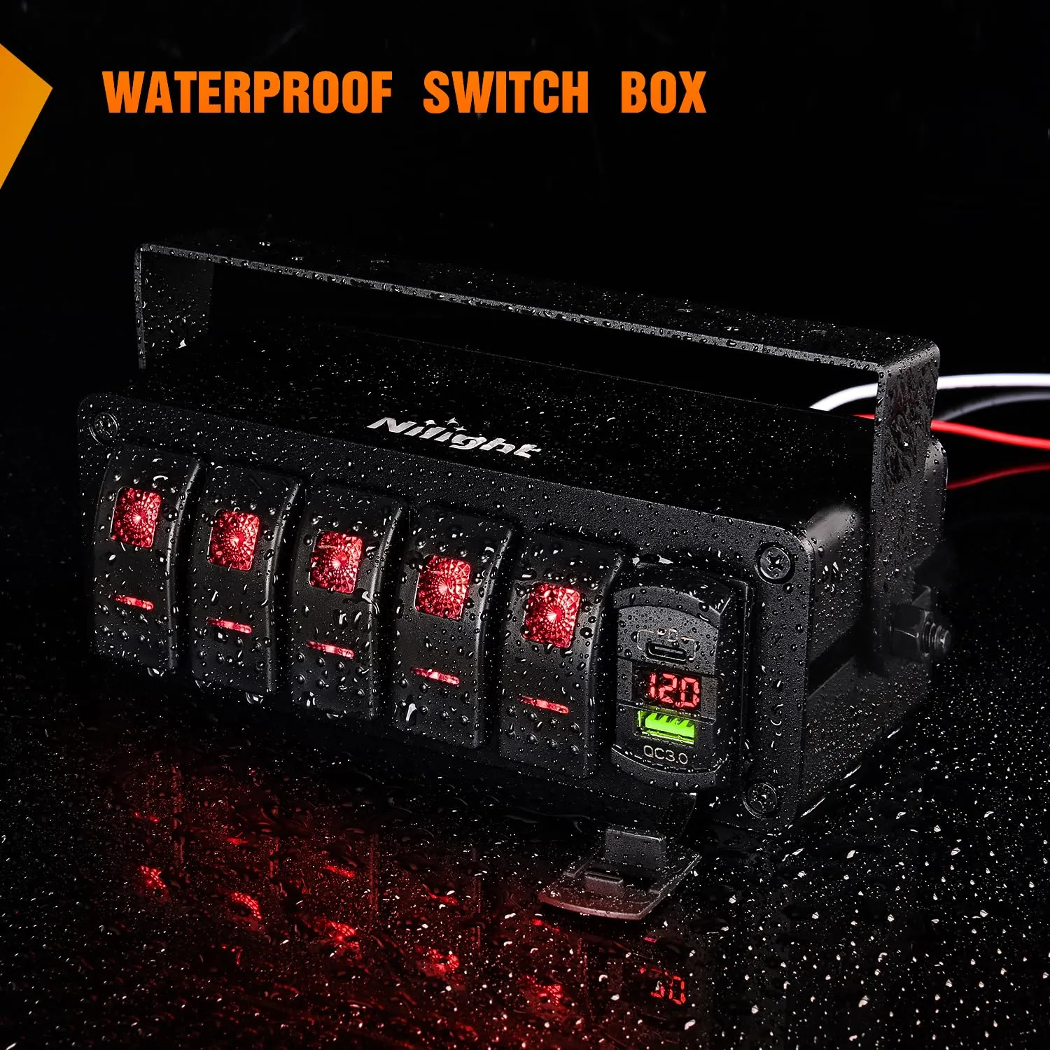 Nilight 5 Gang Rocker Switch Box 12V SPST ON Off Toggle Switches PD Type C and QC 3.0 USB Charger Voltmeter LED Light Waterproof Aluminum Mount Bracket Panel DIY Stickers for Boat Car RV Truck