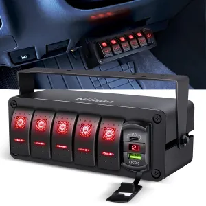 Nilight 5 Gang Rocker Switch Box 12V SPST ON Off Toggle Switches PD Type C and QC 3.0 USB Charger Voltmeter LED Light Waterproof Aluminum Mount Bracket Panel DIY Stickers for Boat Car RV Truck