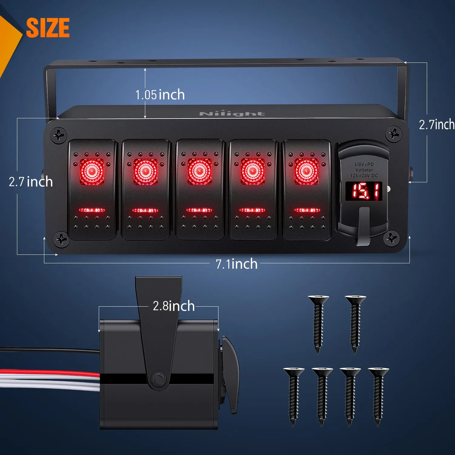 Nilight 5 Gang Rocker Switch Box 12V SPST ON Off Toggle Switches PD Type C and QC 3.0 USB Charger Voltmeter LED Light Waterproof Aluminum Mount Bracket Panel DIY Stickers for Boat Car RV Truck