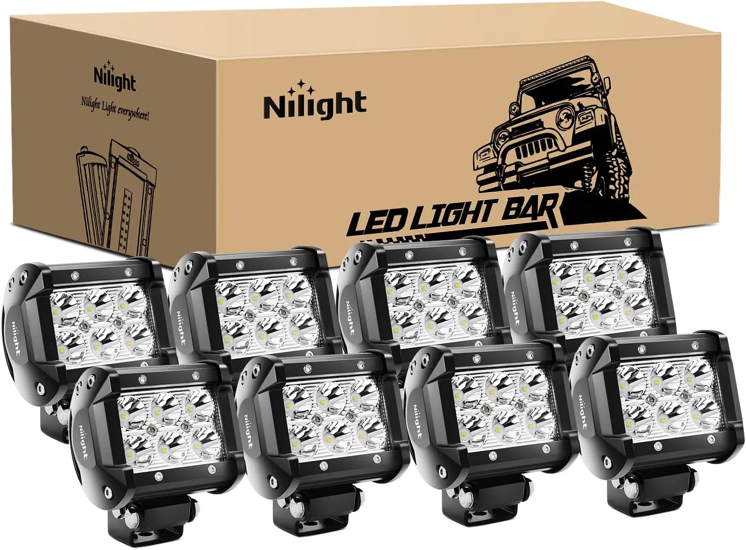 Nilight - NI 06A-18W LED Light Bar 8PCS 18W 1260lm Spot led pods Driving Fog Light Off Road Lights Bar Jeep Lamp,2 years Warranty