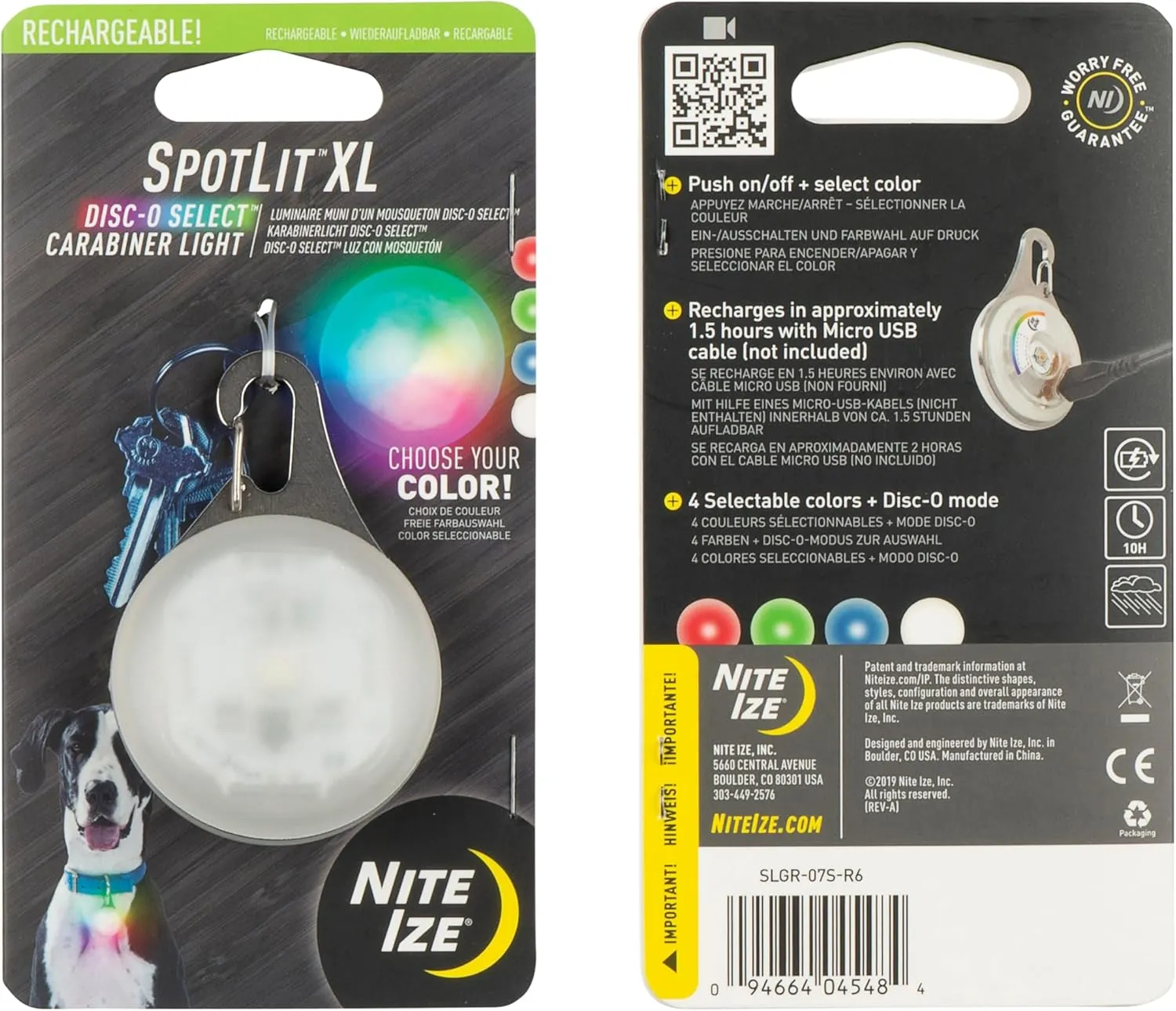 Nite Ize SpotLit XL Rechargeable Carabiner Light - Carabiner Keychain Clip with LED Light - Clip Color-Changing Light for Collars or Keys - Disc-O Select