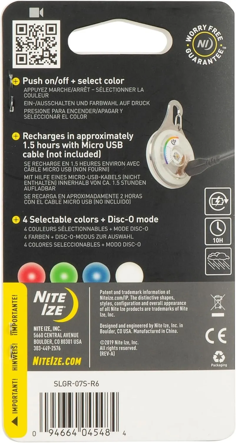 Nite Ize SpotLit XL Rechargeable Carabiner Light - Carabiner Keychain Clip with LED Light - Clip Color-Changing Light for Collars or Keys - Disc-O Select