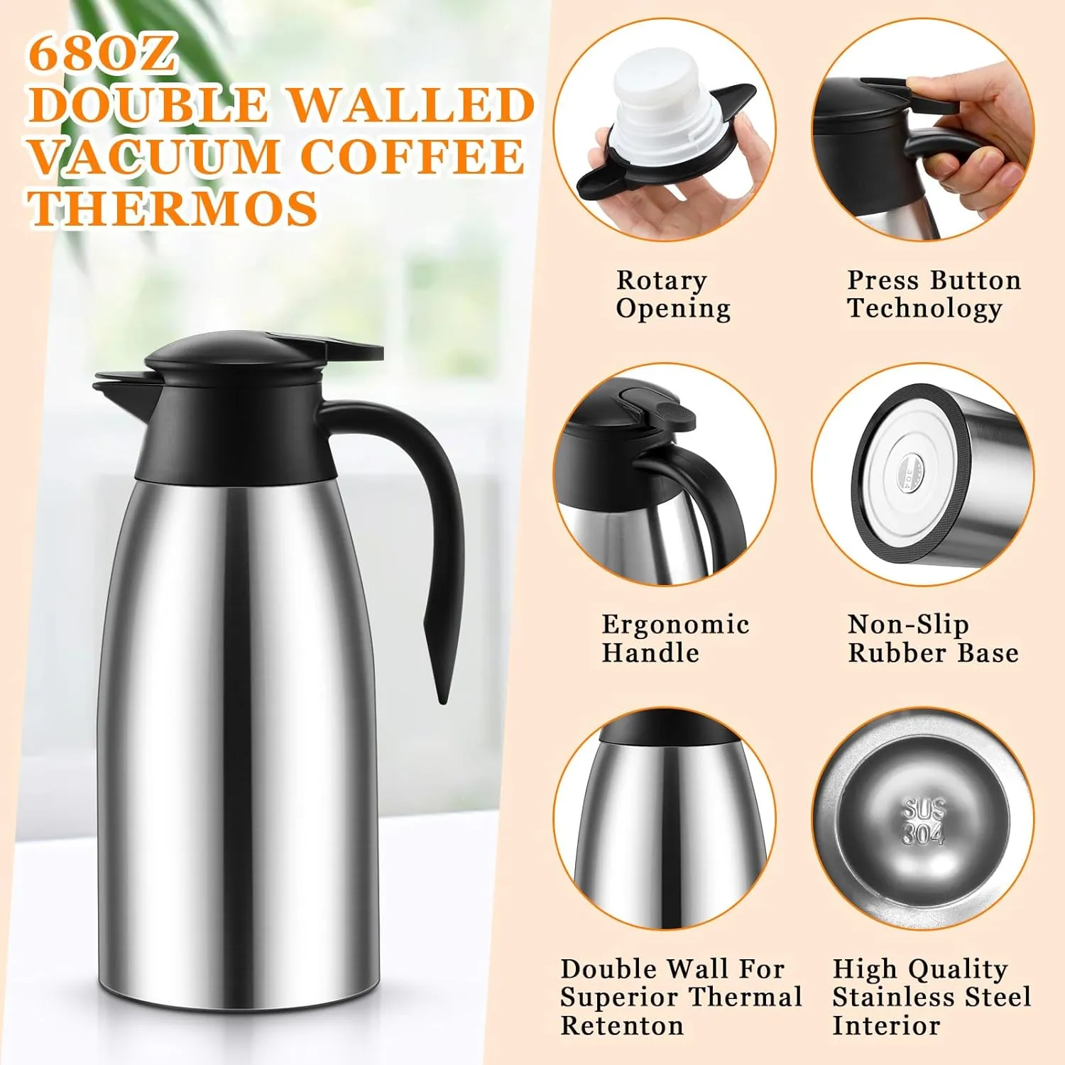 Norme 2 Pcs Thermal Coffee Carafe Insulated Stainless Steel Coffee Carafe for Hot Liquid Vacuum Thermal Pot Creamer Pitcher Dispenser with Brushes Keeping Hot Water Milk(Silver,68 oz)