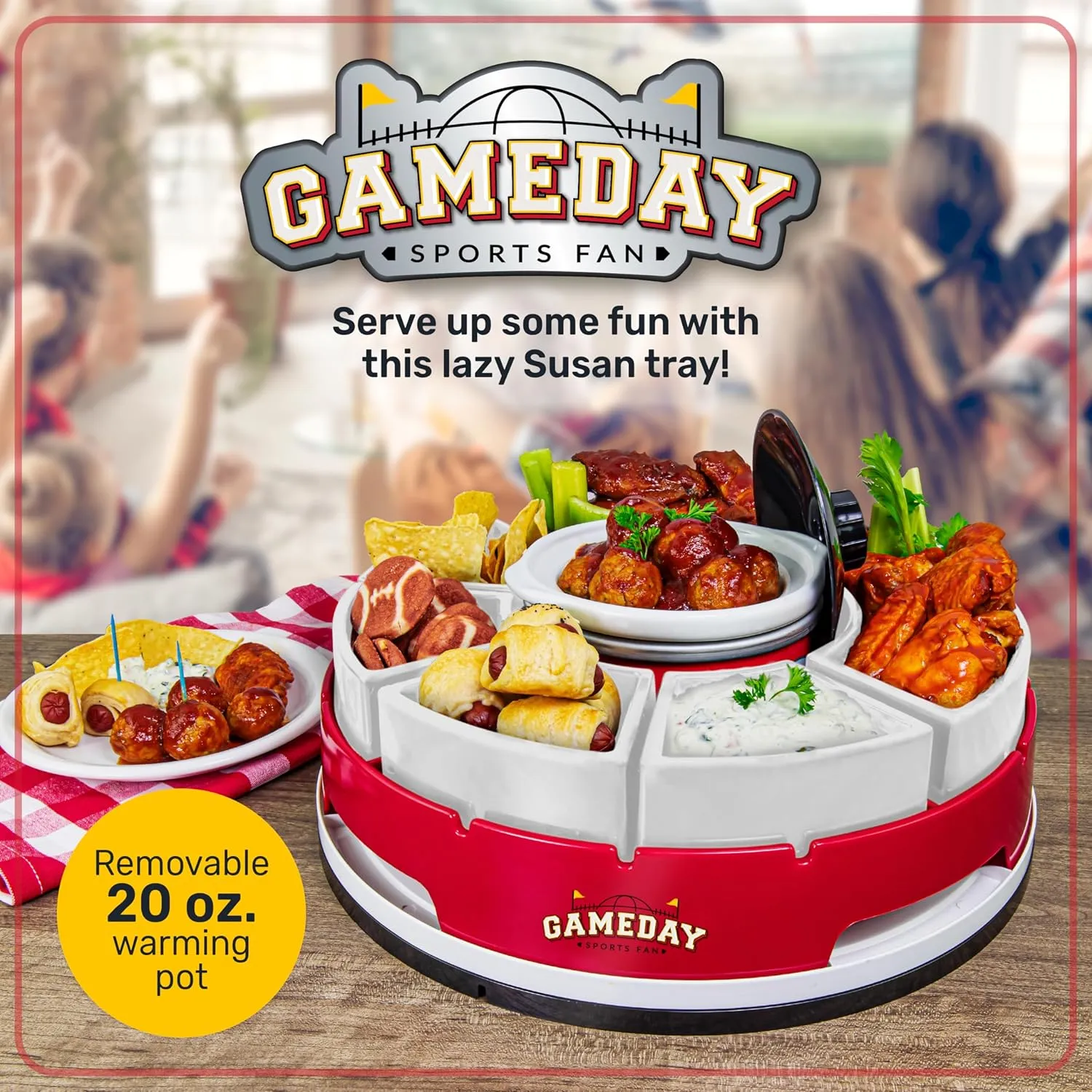Nostalgia Gameday Heated Slow Cooker and Lazy Susan Serving Set for Parties, Fondue Pot for Dips and Nachos, Red/White