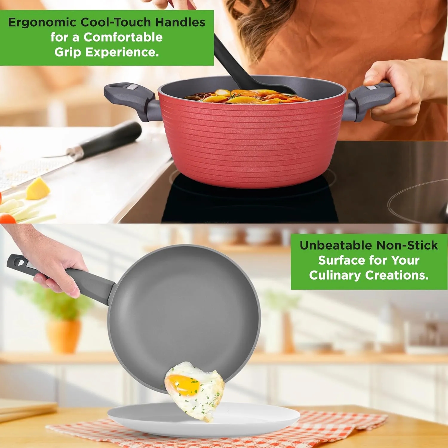 NutriChefKitchen 12-Piece Nonstick Kitchen Cookware Set-PTFE/PFOA/PFOS-Free Heat Resistant Lacquer Kitchen Ware Pots Pan Set Dark Gray/Red- Saucepot, Pans, Cooking Pot Oven Pot,Lid,Utensil - NCCW12RED