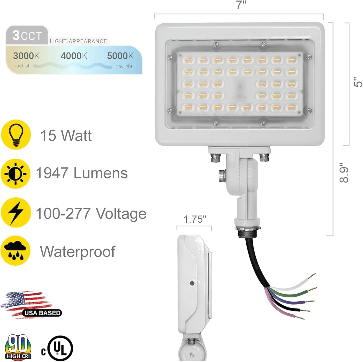 NUWATT 15W LED Flood Light, 3CCT 3000K/4000K/5000K Selectable, IP65 Waterproof Lighting, 1/2" Adjustable Knuckle Mount, 2100 Lumens, 120-277V, Outdoor Security Floodlight for Yard, White, UL