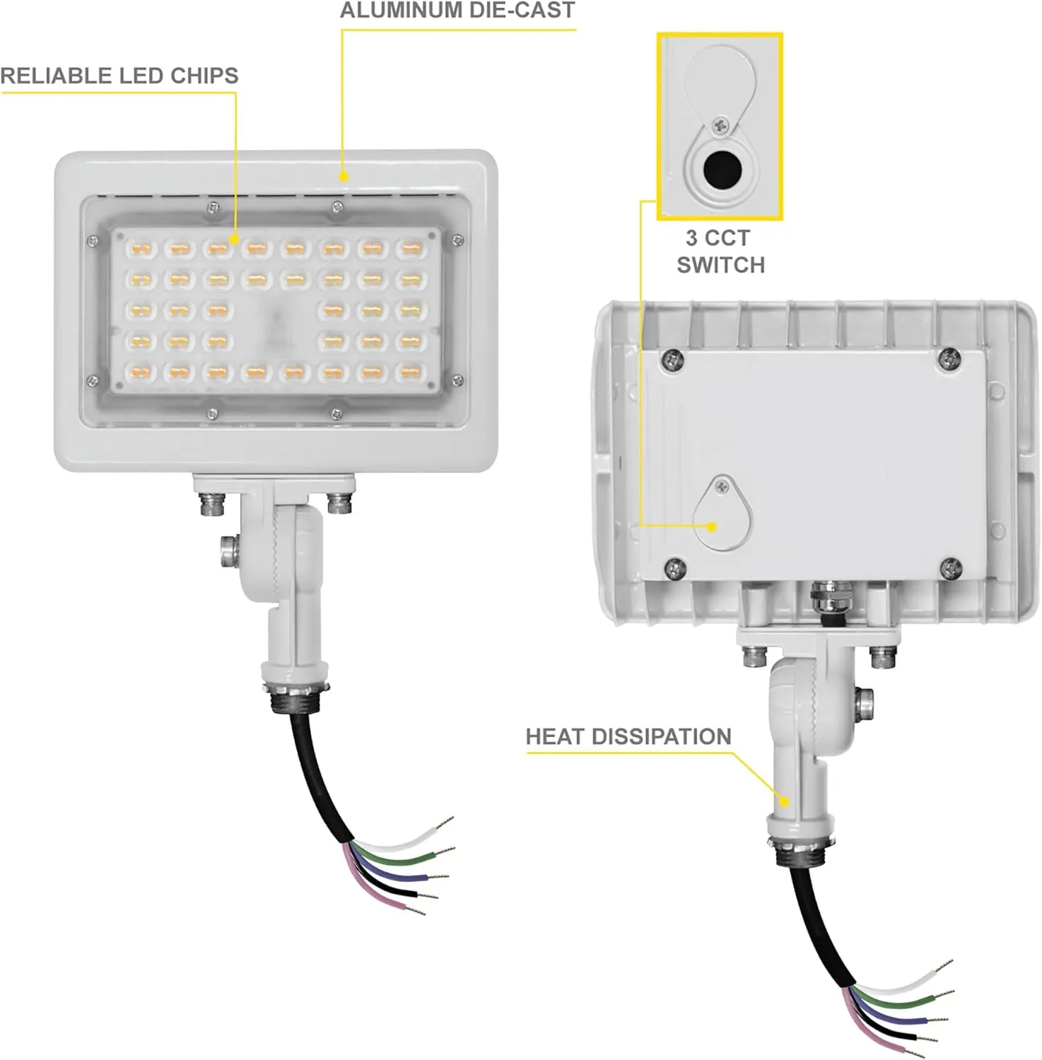 NUWATT 15W LED Flood Light, 3CCT 3000K/4000K/5000K Selectable, IP65 Waterproof Lighting, 1/2" Adjustable Knuckle Mount, 2100 Lumens, 120-277V, Outdoor Security Floodlight for Yard, White, UL