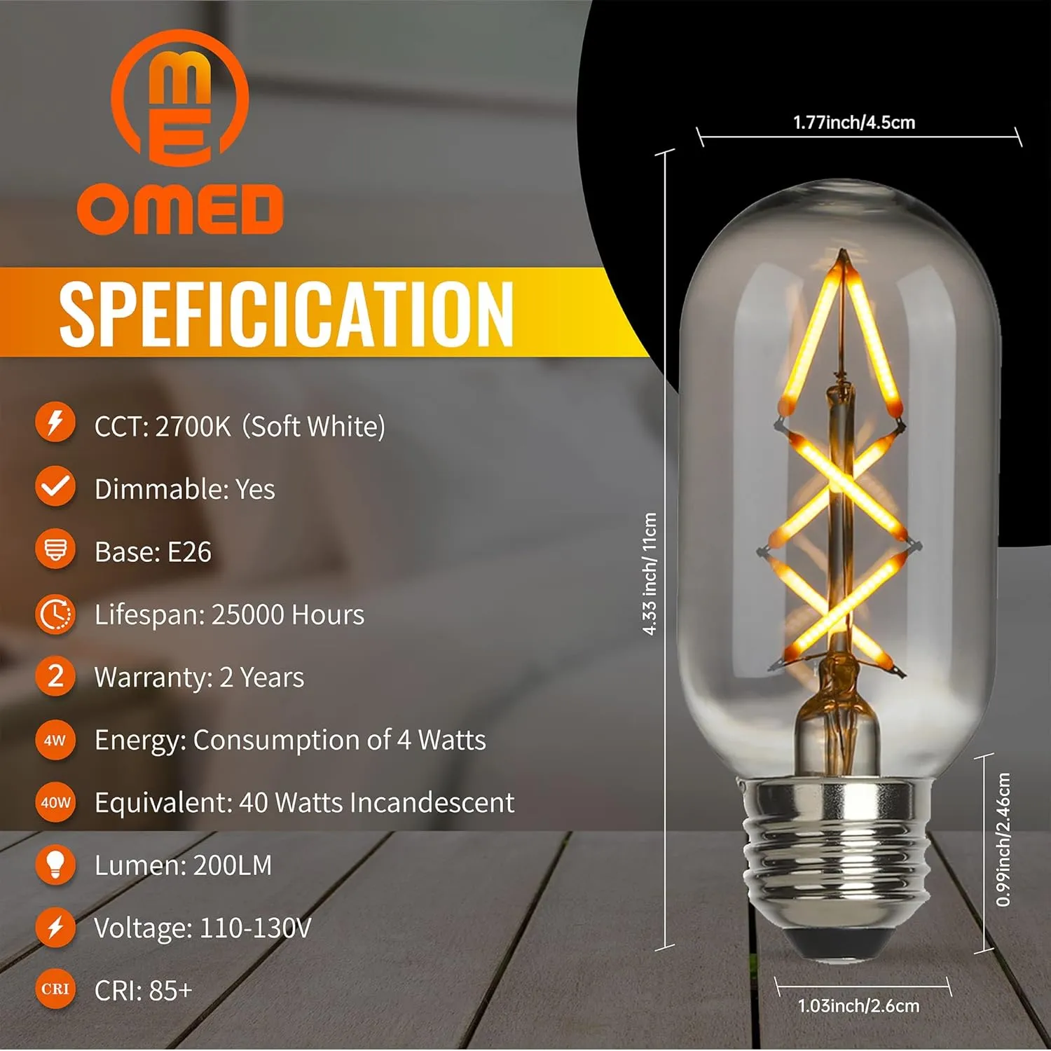OMED T45/T14 Dimmable Vintage LED Edison Bulbs, E26 4W Antique Fishbone LED Filament Tubular Edison Bulbs 40 Watt Equivalent, 200LM 2700K Soft White Spiral Retro Tube Bulbs, Smoke Grey Glass, 6 Pack