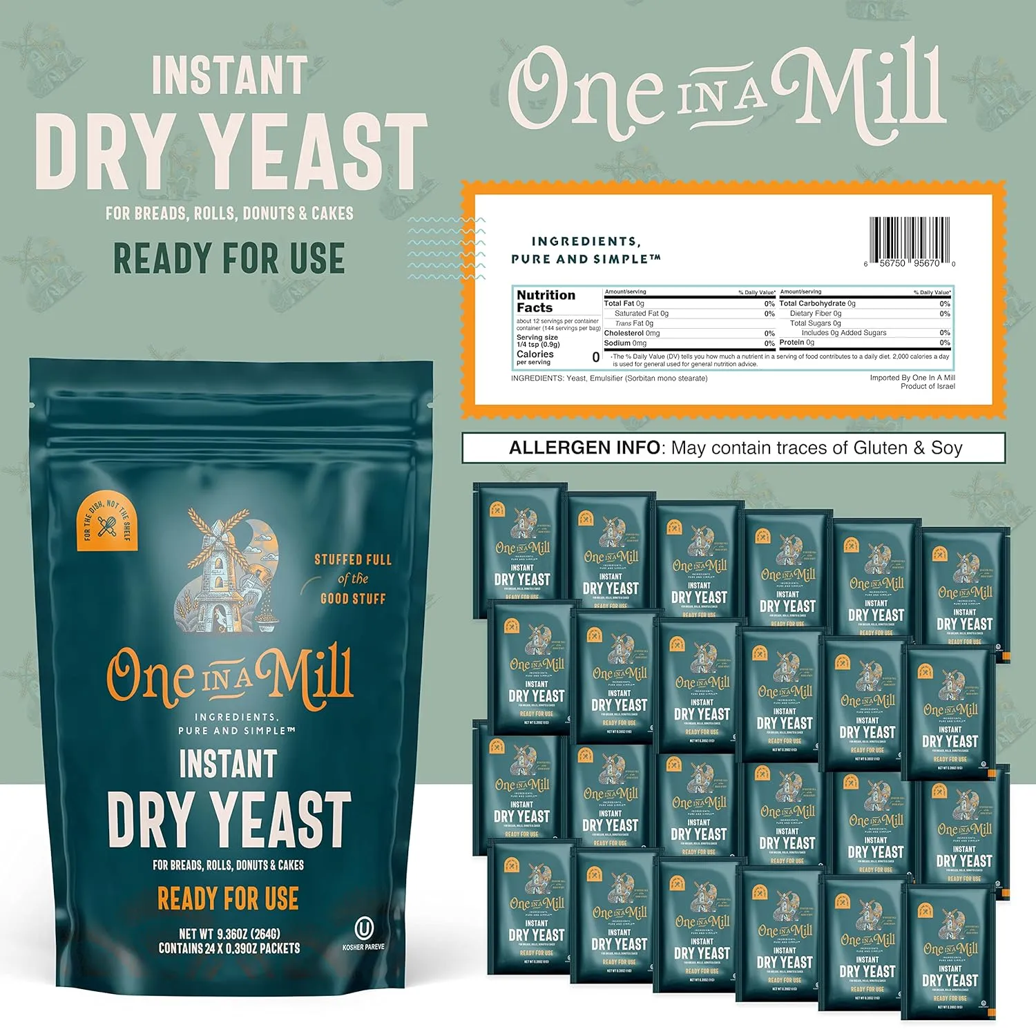 One in a Mill Instant Dry Yeast Packets | Fast Acting Self Rising Yeast for Baking Bread, Cake, Pizza Dough Crust | Kosher | Quick Rapid Rise Leavening Agent for Pastries | 24 Packets