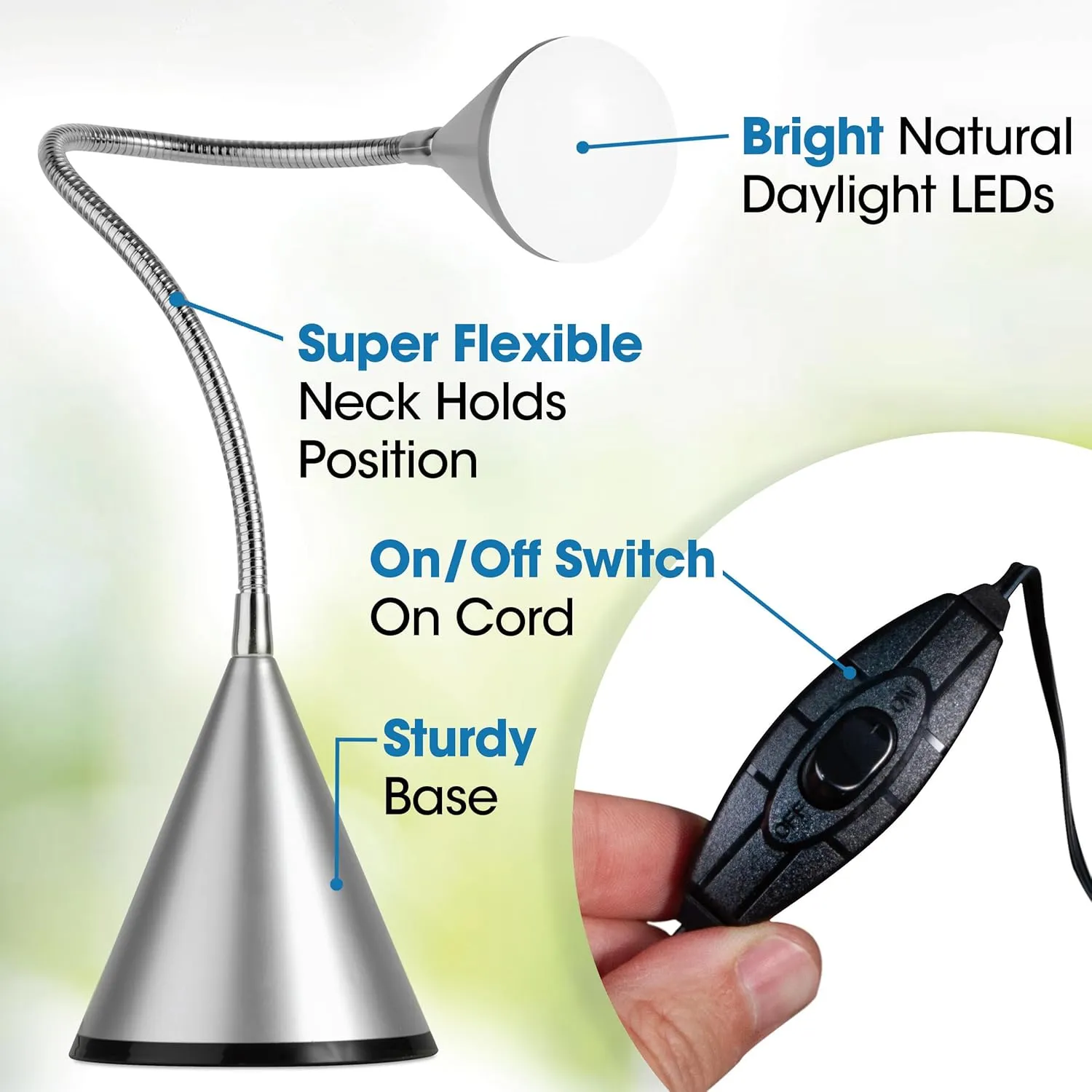 OttLite Cone LED Desk Lamp with Flexible Neck (Silver) - Lightweight & Adjustable Wide Angle Spread Desk Lamp with Energy-Efficient Natural Daylight LEDs for Home Office, Desk, & Dorms