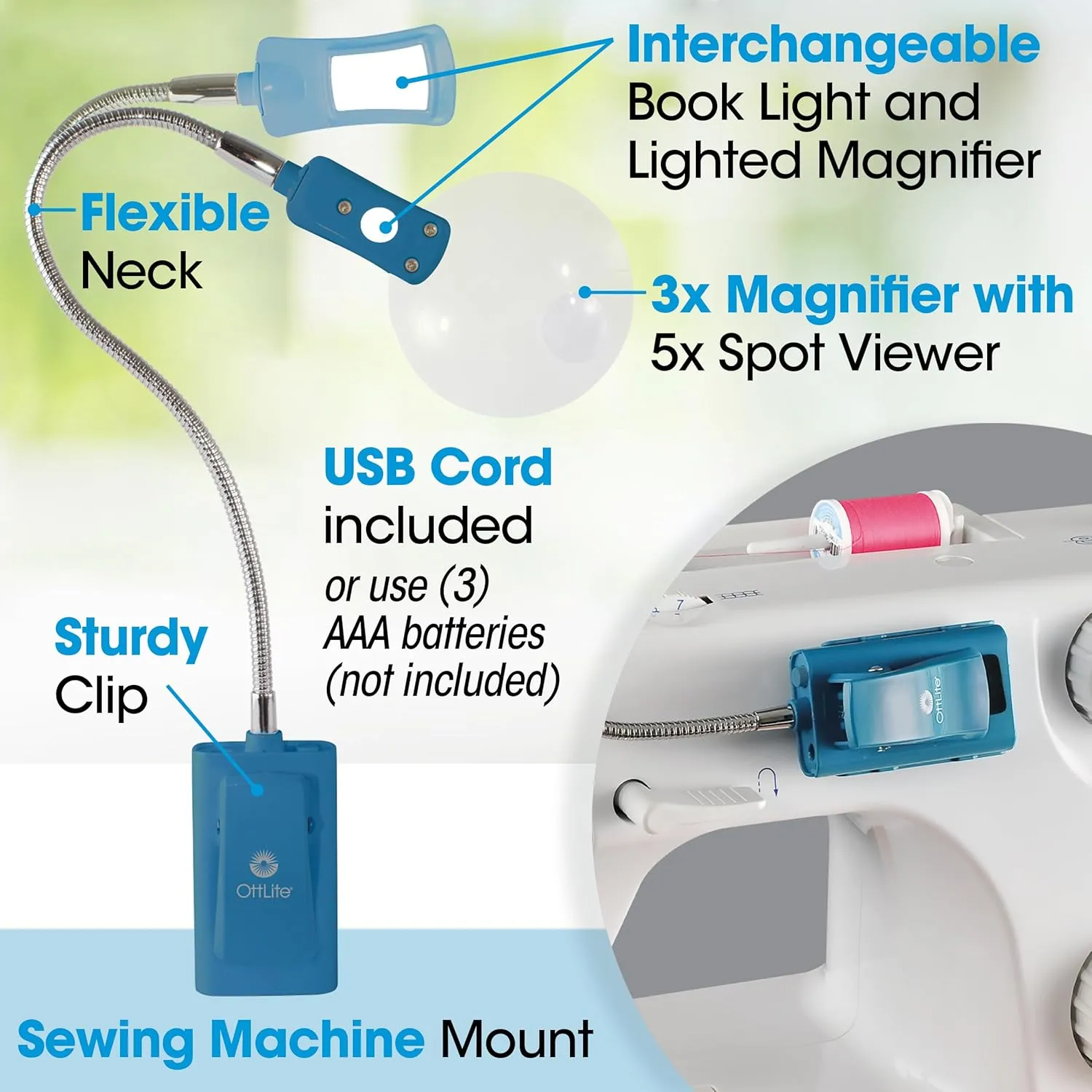 OttLite LED 2 in 1 Sewing Machine Light | Clip Lamp, Sewing Machine Lamp | Lighted 3X Optical Grade Magnifier, 5X Spot Viewer | Great for Home, Workshop (Blue)