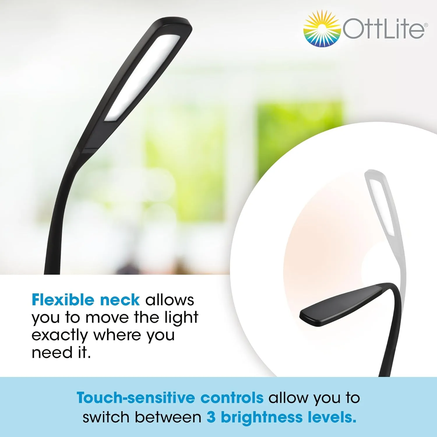 OttLite LED Desk Lamp with Flexible Neck (Black) - Slim Desk Lamp with 3 Brightness Settings & Touch Activated Controls - Energy-Efficient Natural Daylight LEDs for Home Office, Desk, & Dorms