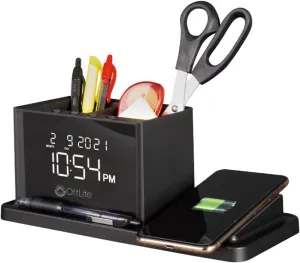 OttLite Organizer with Clock and Wireless Charging – 3-in-1 Charger, Charging Pad & 2 USB Ports for Devices, 2 Compartments, Alarm Clock with Snooze, for Office, Entryway, Nightstand,Black,A03G5T