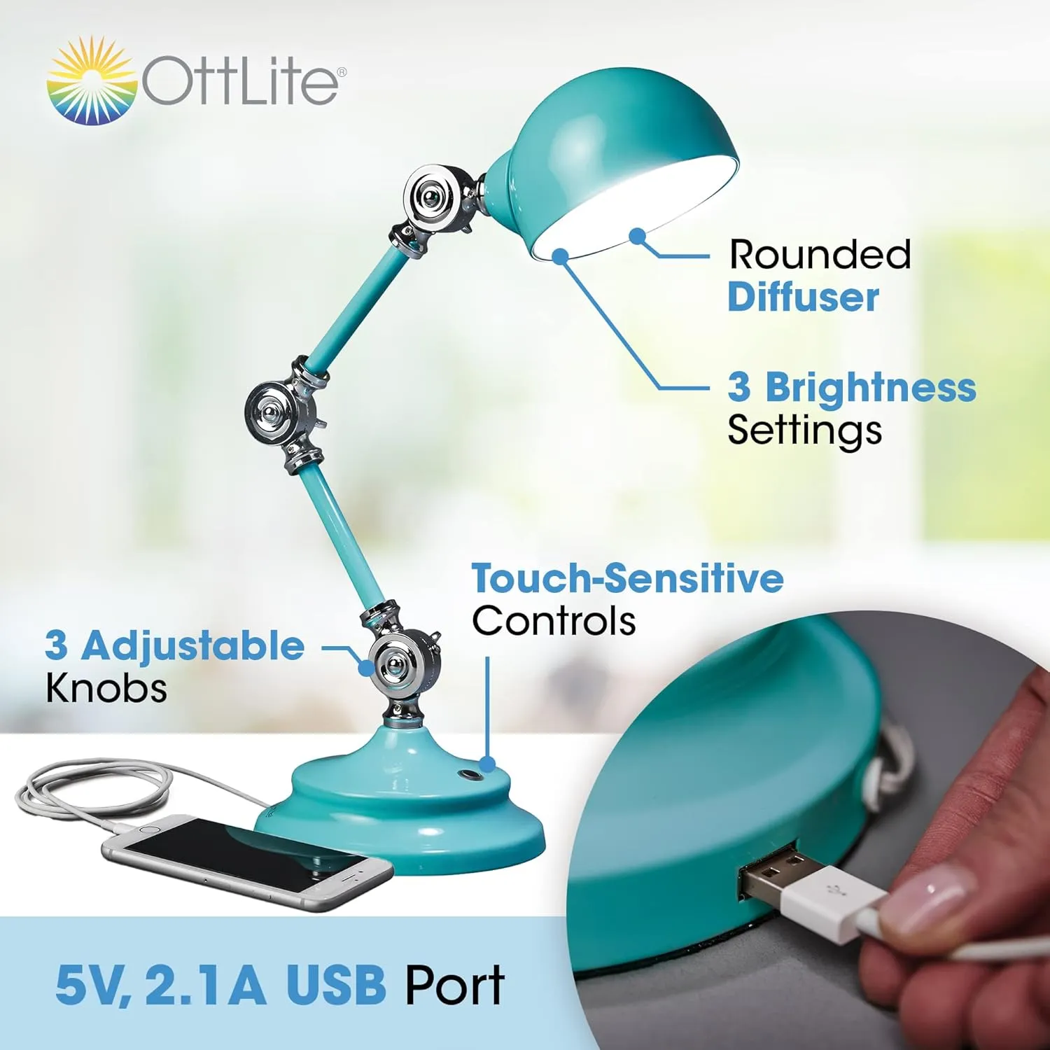 OttLite Revive LED Desk Lamp with ClearSun LED Technology, Turquoise – 3 Brightness Settings, Touch Activated Controls, USB Charging Port & 3 Adjustable Knobs for Precise Lighting - Great for Reading