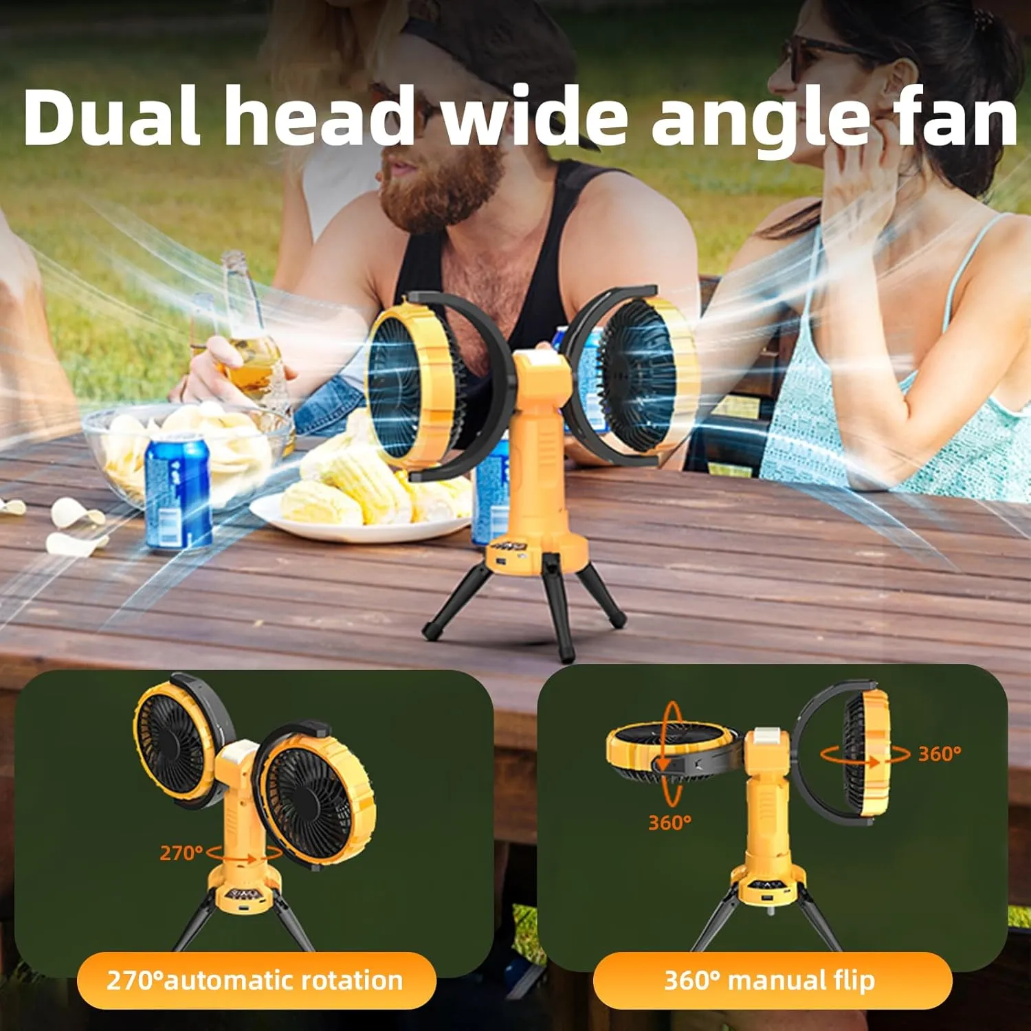 Outdoor Camping Fan with LED Light,8000mAh Rechargeable Battery Powered with Hook Tent Fans,270° Oscillating 360° Rotation Portable Tripod Beach Fan for Canopy,Travel,Fishing,Home,Yellow