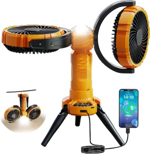 Outdoor Camping Fan with LED Light,8000mAh Rechargeable Battery Powered with Hook Tent Fans,270° Oscillating 360° Rotation Portable Tripod Beach Fan for Canopy,Travel,Fishing,Home,Yellow