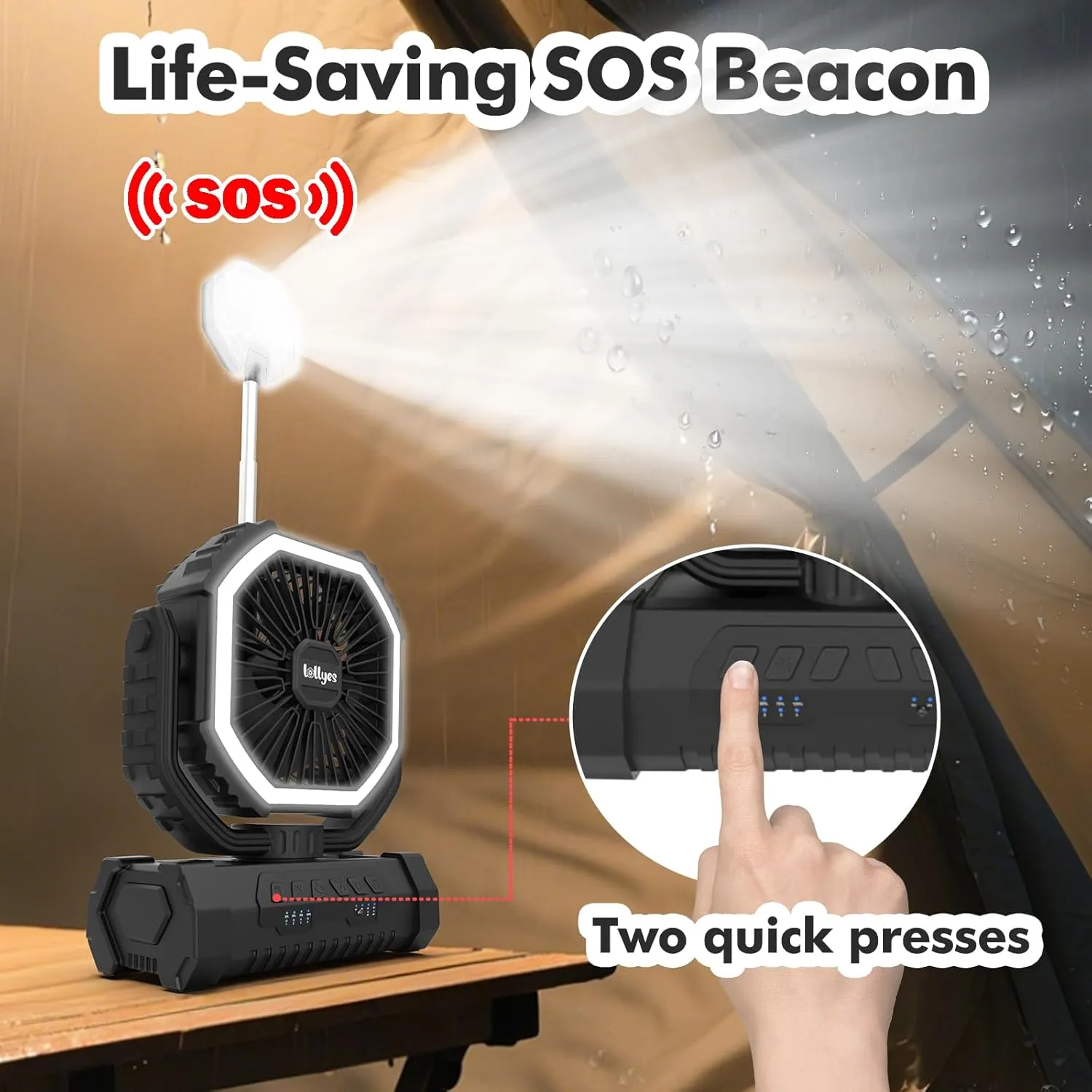 Outdoor Camping Fan with Light, 20000mAh Battery Powered, Rechargeable Portable Fan with Remote Control and 360° Rotating Hook, 4 Speeds for Indoor, Traveling, Tenting, RVing, Fishing, Beach (Black)