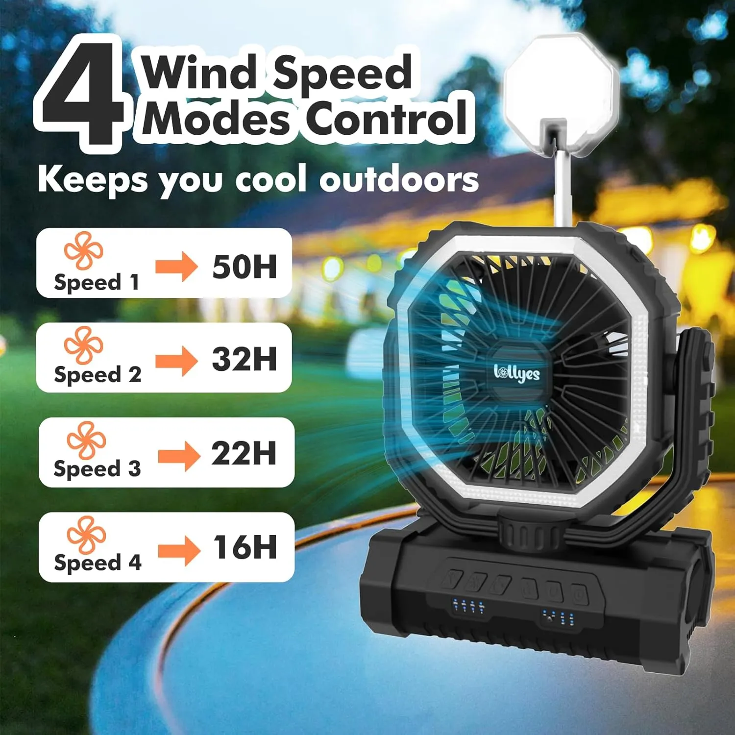 Outdoor Camping Fan with Light, 20000mAh Battery Powered, Rechargeable Portable Fan with Remote Control and 360° Rotating Hook, 4 Speeds for Indoor, Traveling, Tenting, RVing, Fishing, Beach (Black)