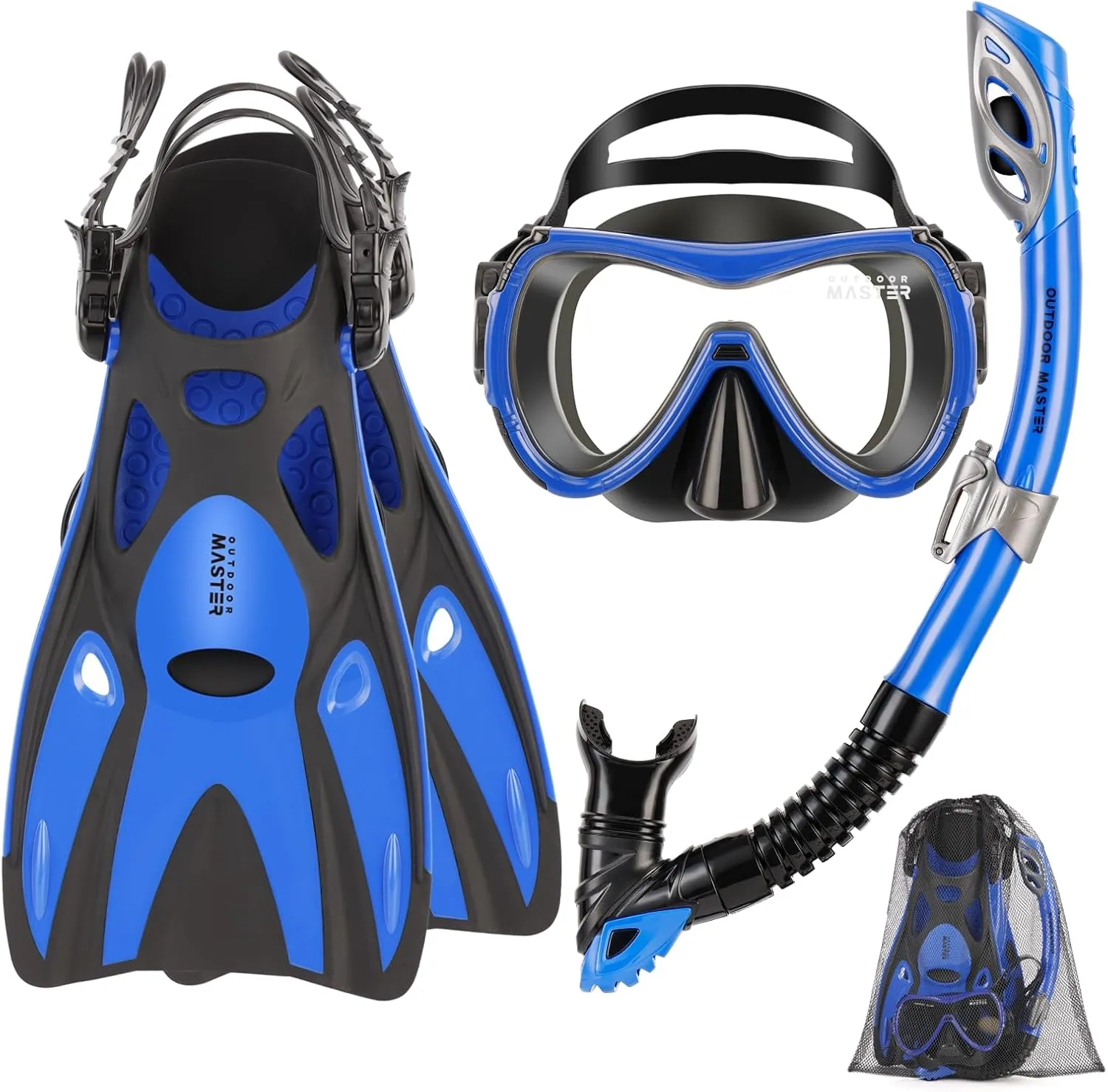 OutdoorMaster Mobula Snorkeling Gear for Adults,Mask Fins Snorkel Set with Panoramic View Anti-Fog, Dry Top Scuba Gear for Swimming Snorkeling Diving
