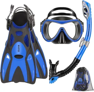 OutdoorMaster Mobula Snorkeling Gear for Adults,Mask Fins Snorkel Set with Panoramic View Anti-Fog, Dry Top Scuba Gear for Swimming Snorkeling Diving