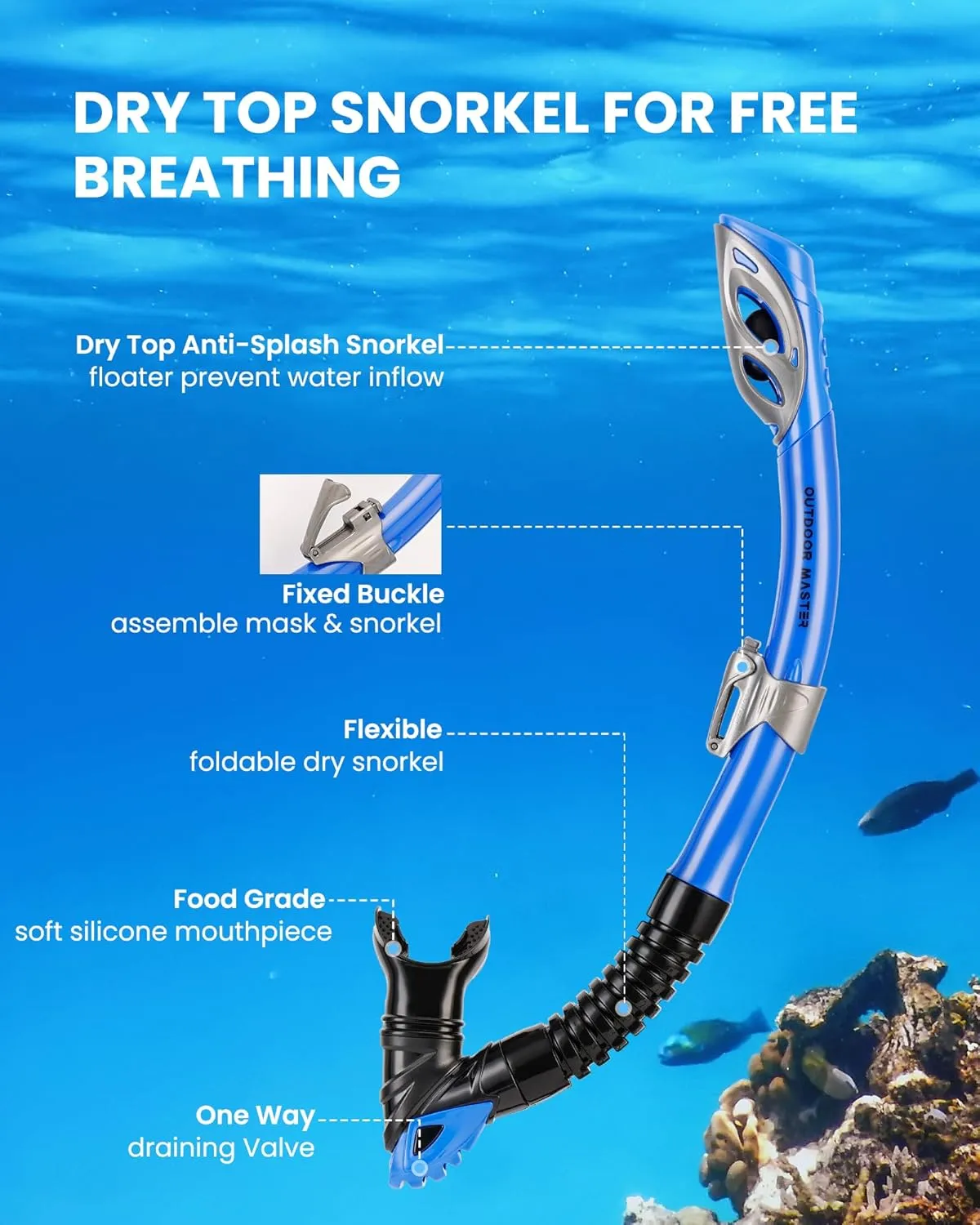 OutdoorMaster Mobula Snorkeling Gear for Adults,Mask Fins Snorkel Set with Panoramic View Anti-Fog, Dry Top Scuba Gear for Swimming Snorkeling Diving