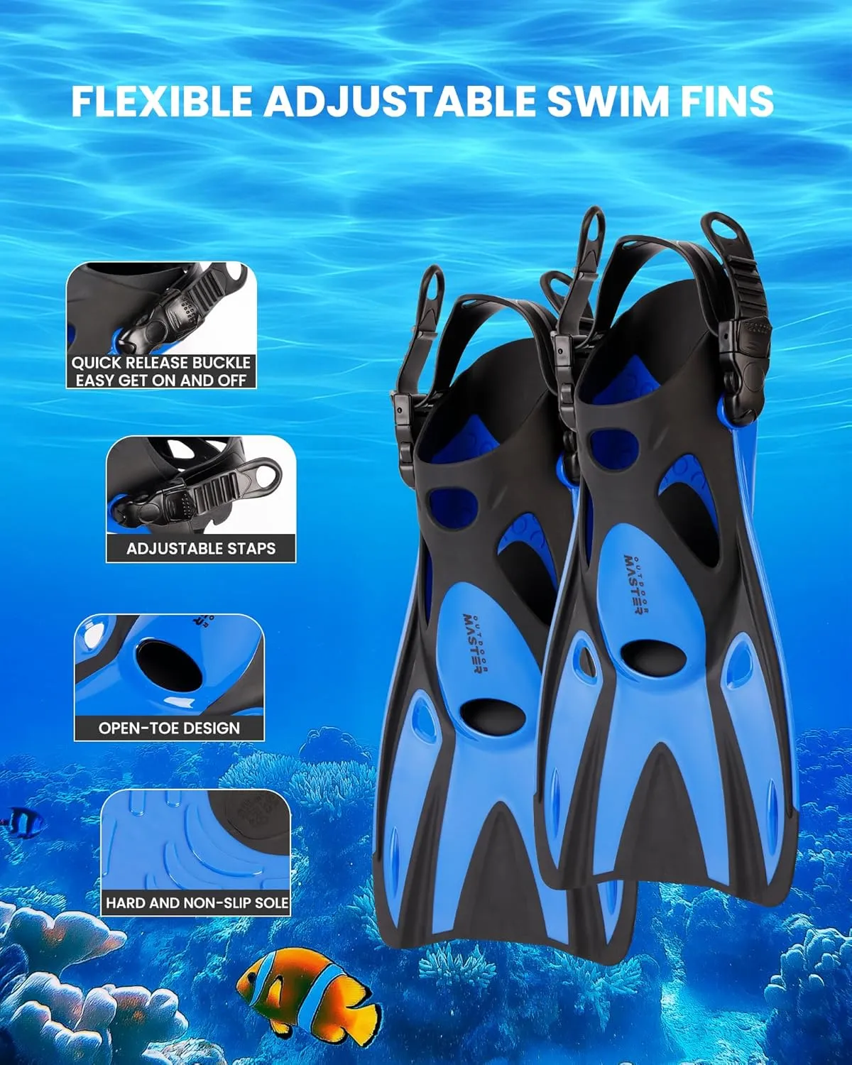 OutdoorMaster Mobula Snorkeling Gear for Adults,Mask Fins Snorkel Set with Panoramic View Anti-Fog, Dry Top Scuba Gear for Swimming Snorkeling Diving