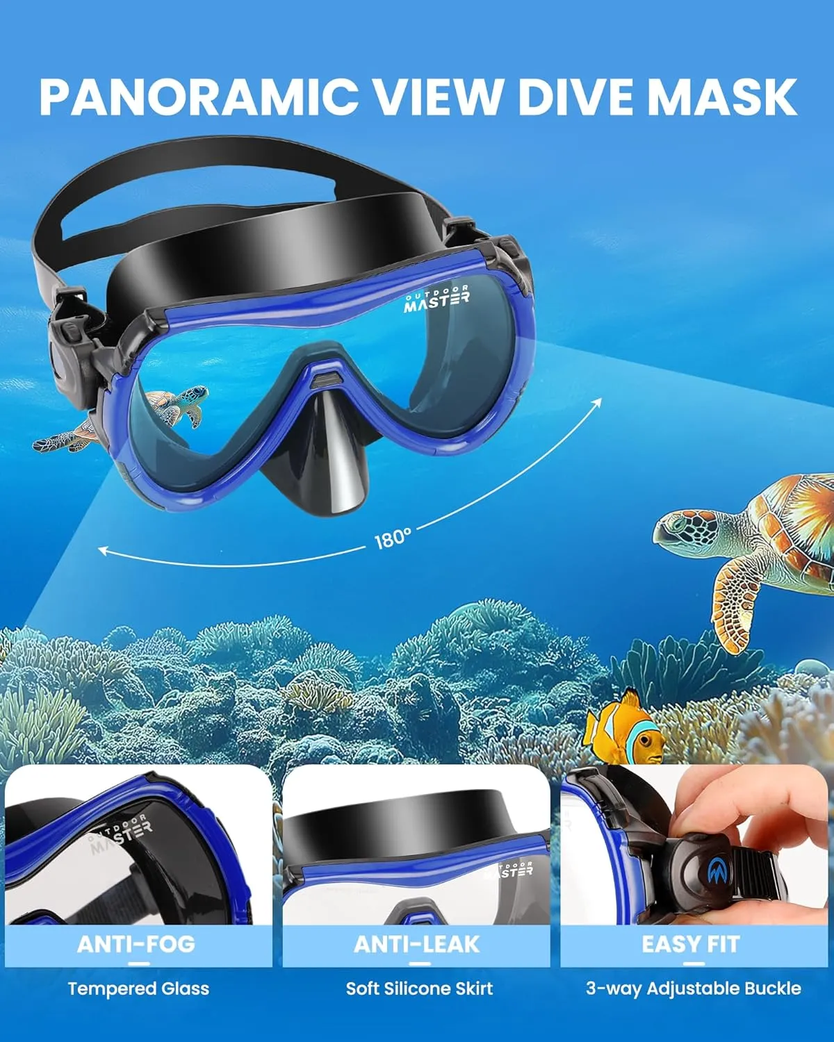 OutdoorMaster Mobula Snorkeling Gear for Adults,Mask Fins Snorkel Set with Panoramic View Anti-Fog, Dry Top Scuba Gear for Swimming Snorkeling Diving
