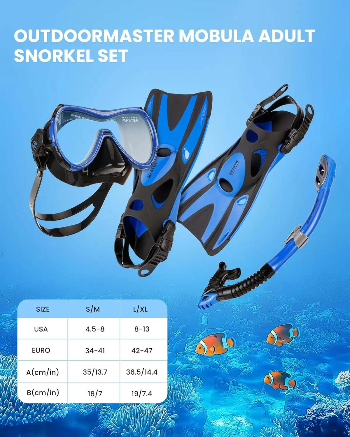 OutdoorMaster Mobula Snorkeling Gear for Adults,Mask Fins Snorkel Set with Panoramic View Anti-Fog, Dry Top Scuba Gear for Swimming Snorkeling Diving