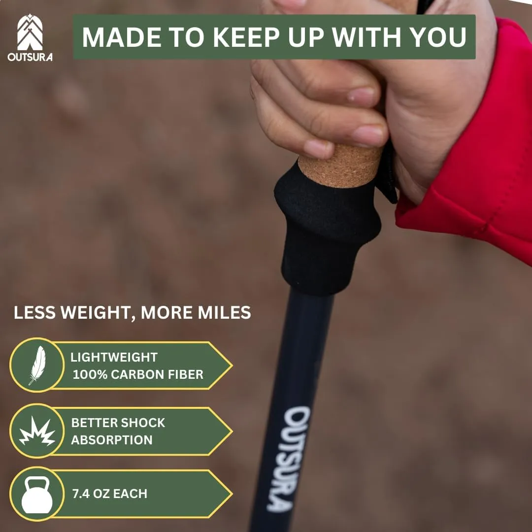 Outsura Carbon Fiber Trekking Poles for Hiking w/Cork Grip & Quick Lock - Hiking Sticks - Lightweight Walking Sticks with All Terrain Accessories - Pair of 2