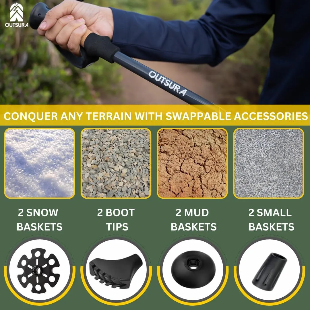 Outsura Carbon Fiber Trekking Poles for Hiking w/Cork Grip & Quick Lock - Hiking Sticks - Lightweight Walking Sticks with All Terrain Accessories - Pair of 2